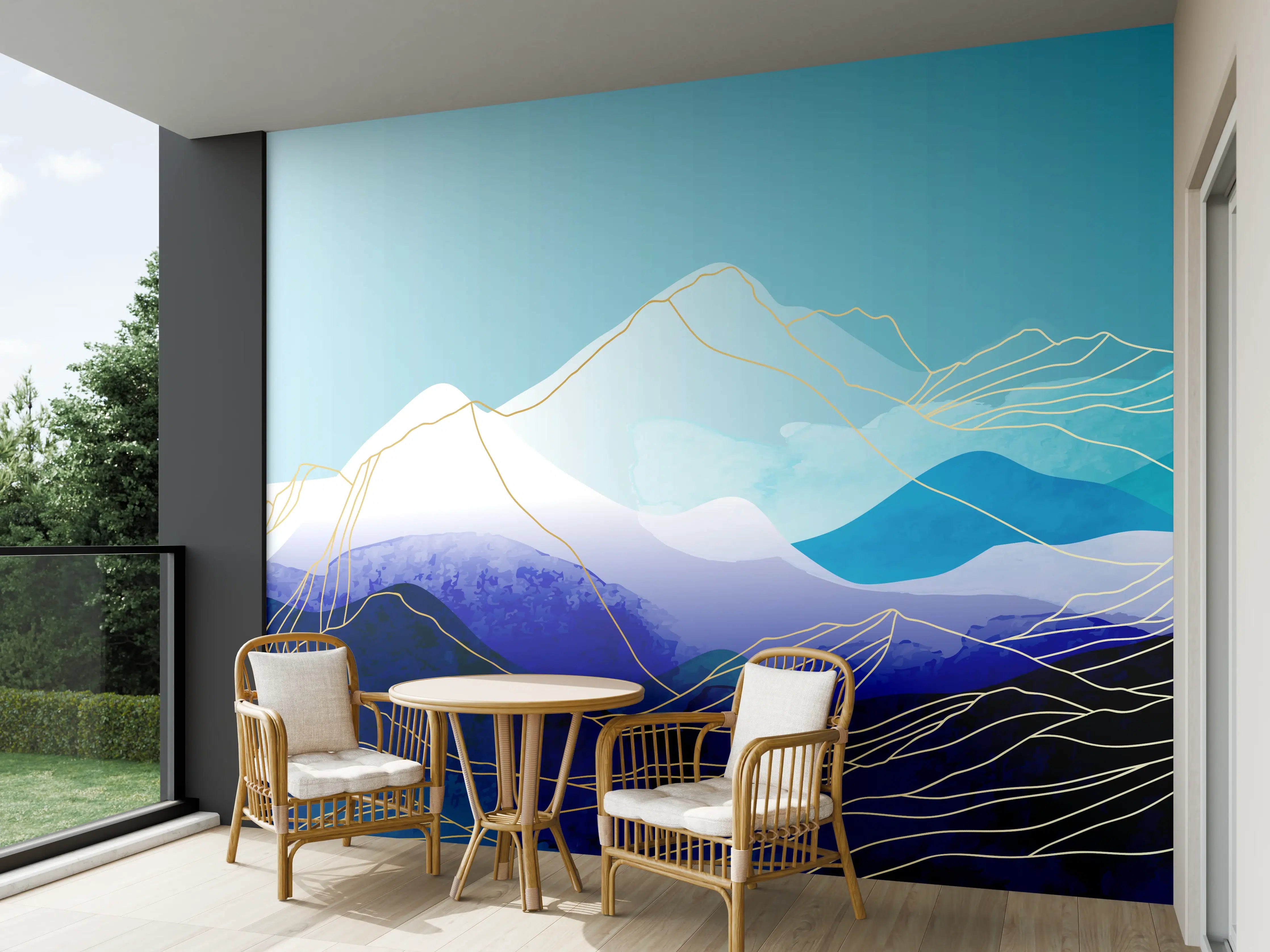 Wandverkleidung außen - Abstrakte Berglandschaft in Blautönen