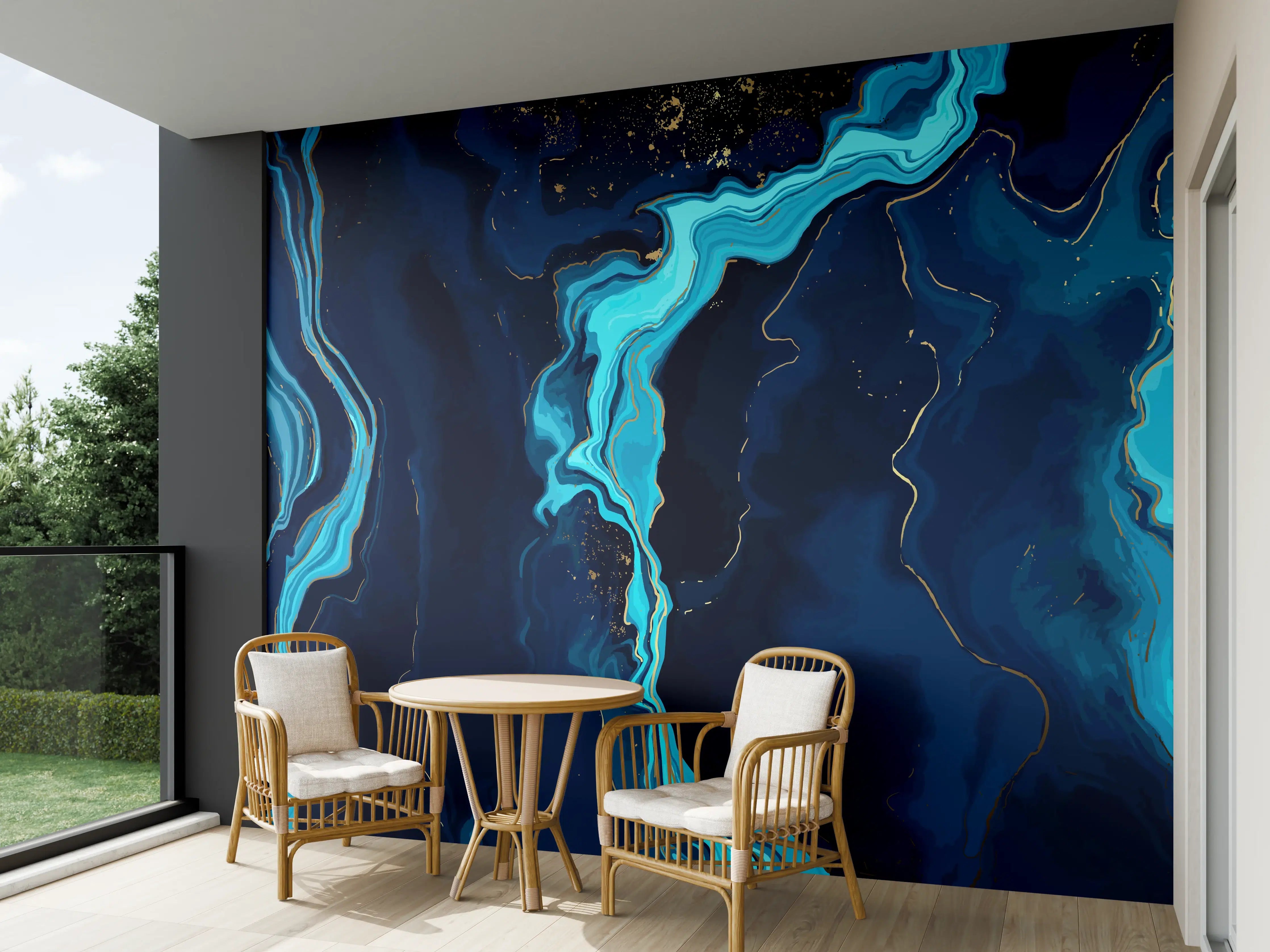 Wandverkleidung außen - Abstrakte Blau-Türkis Fließkunst