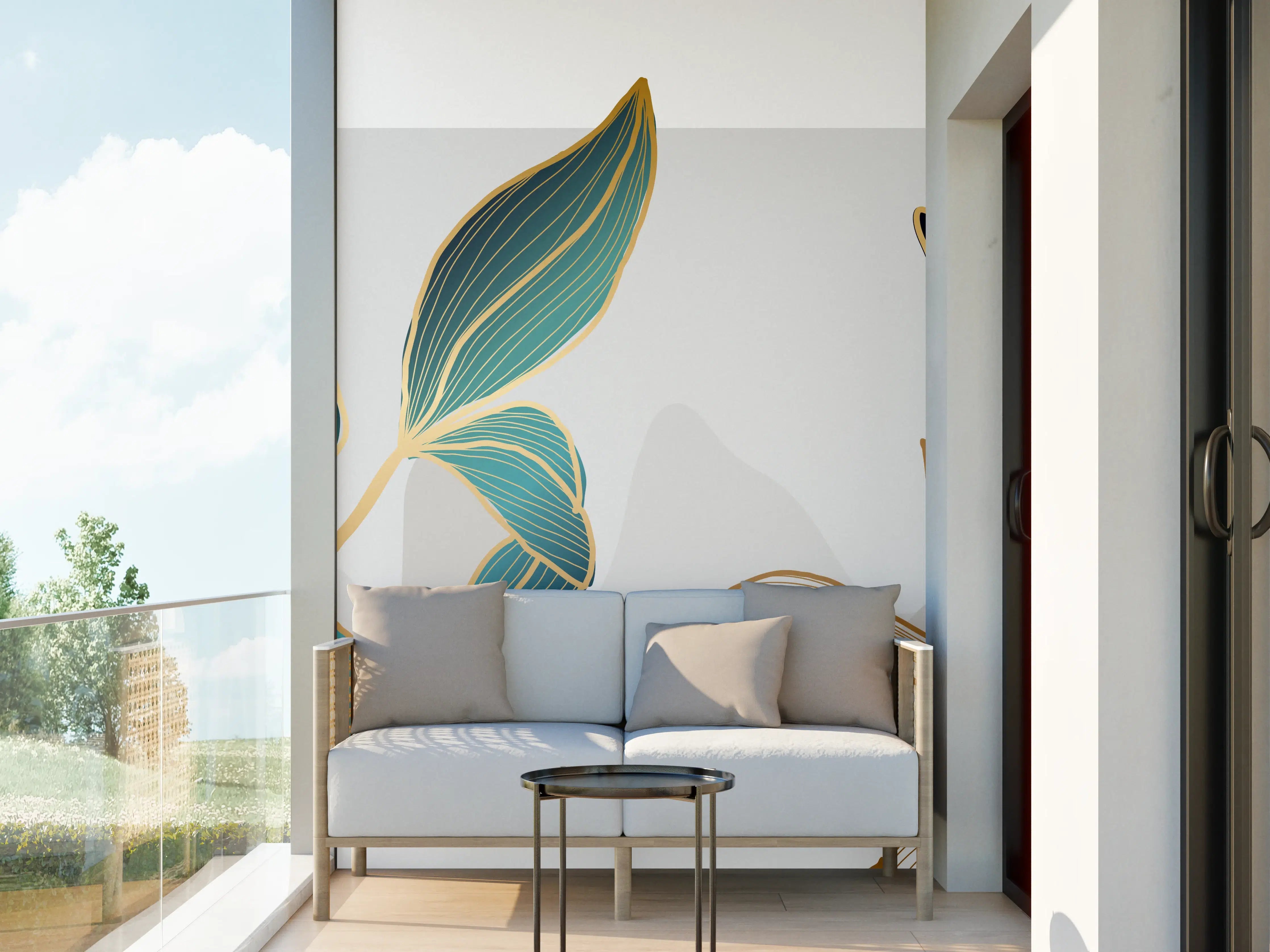 Wandverkleidung außen - Abstrakte Blumen Gold-Blau Illustration