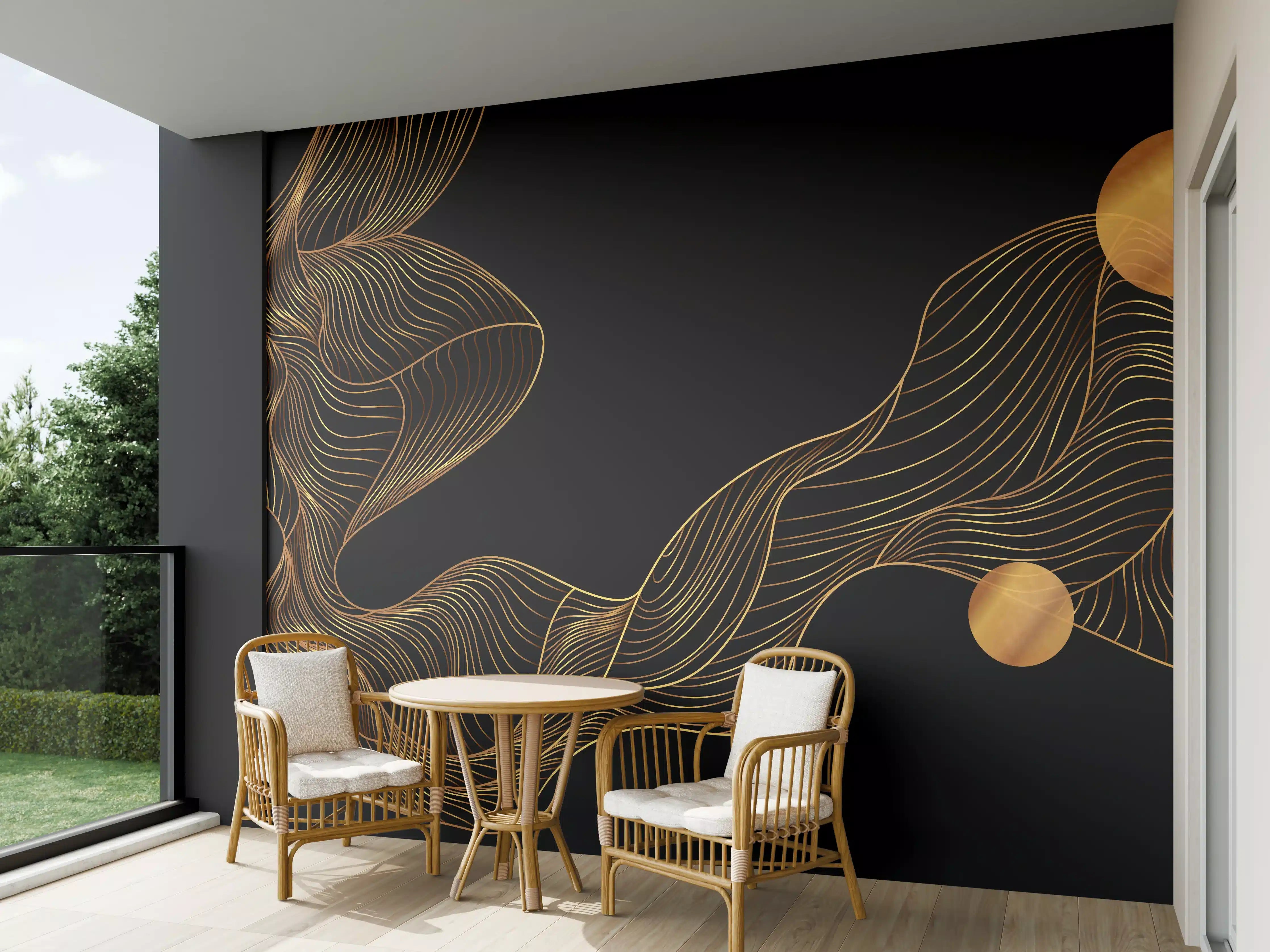Wandverkleidung außen - Abstrakte Gold-Schwarz Linienkunst