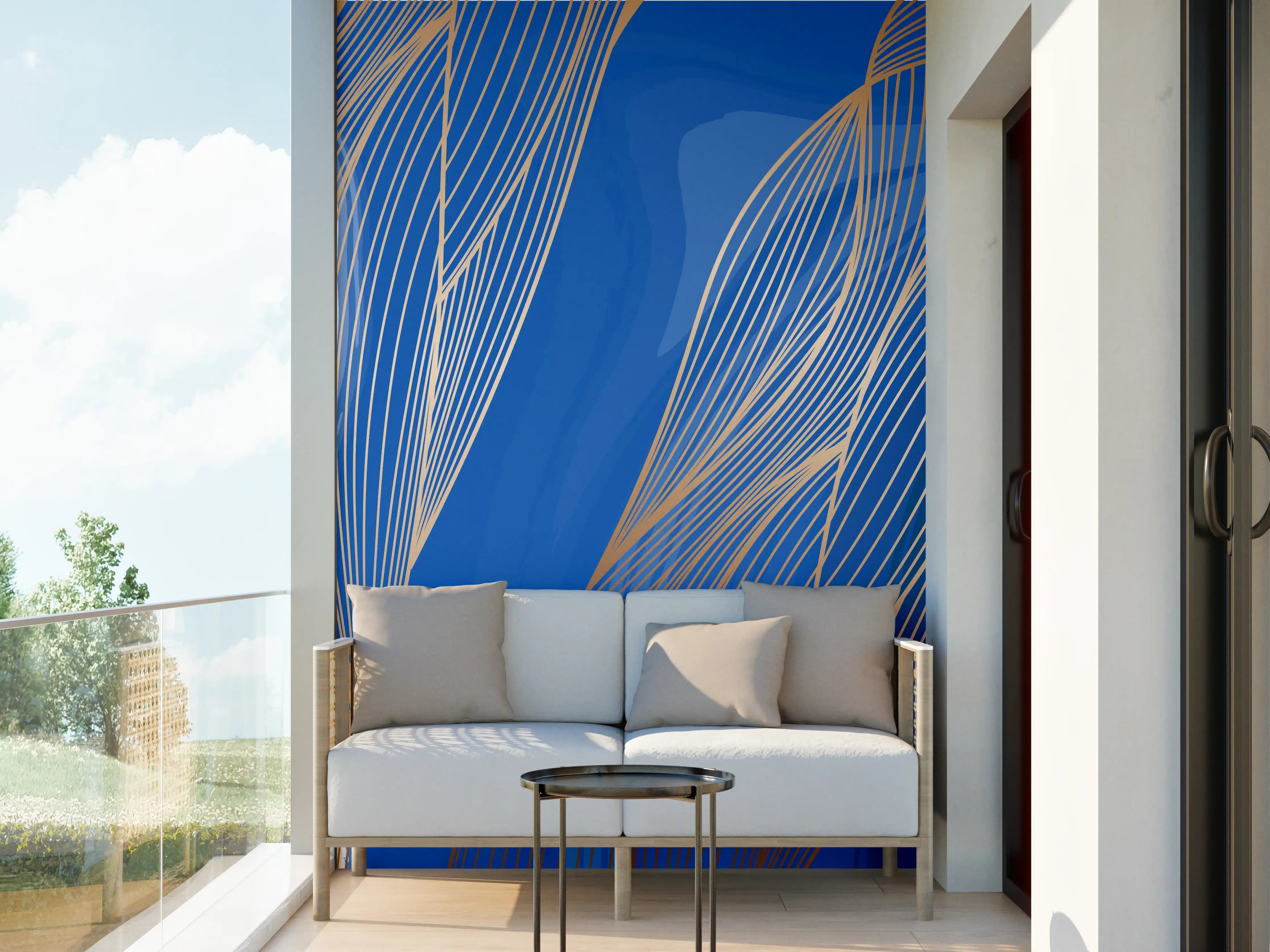 Wandverkleidung außen - Abstrakte Linienkunst in Blau-Gold