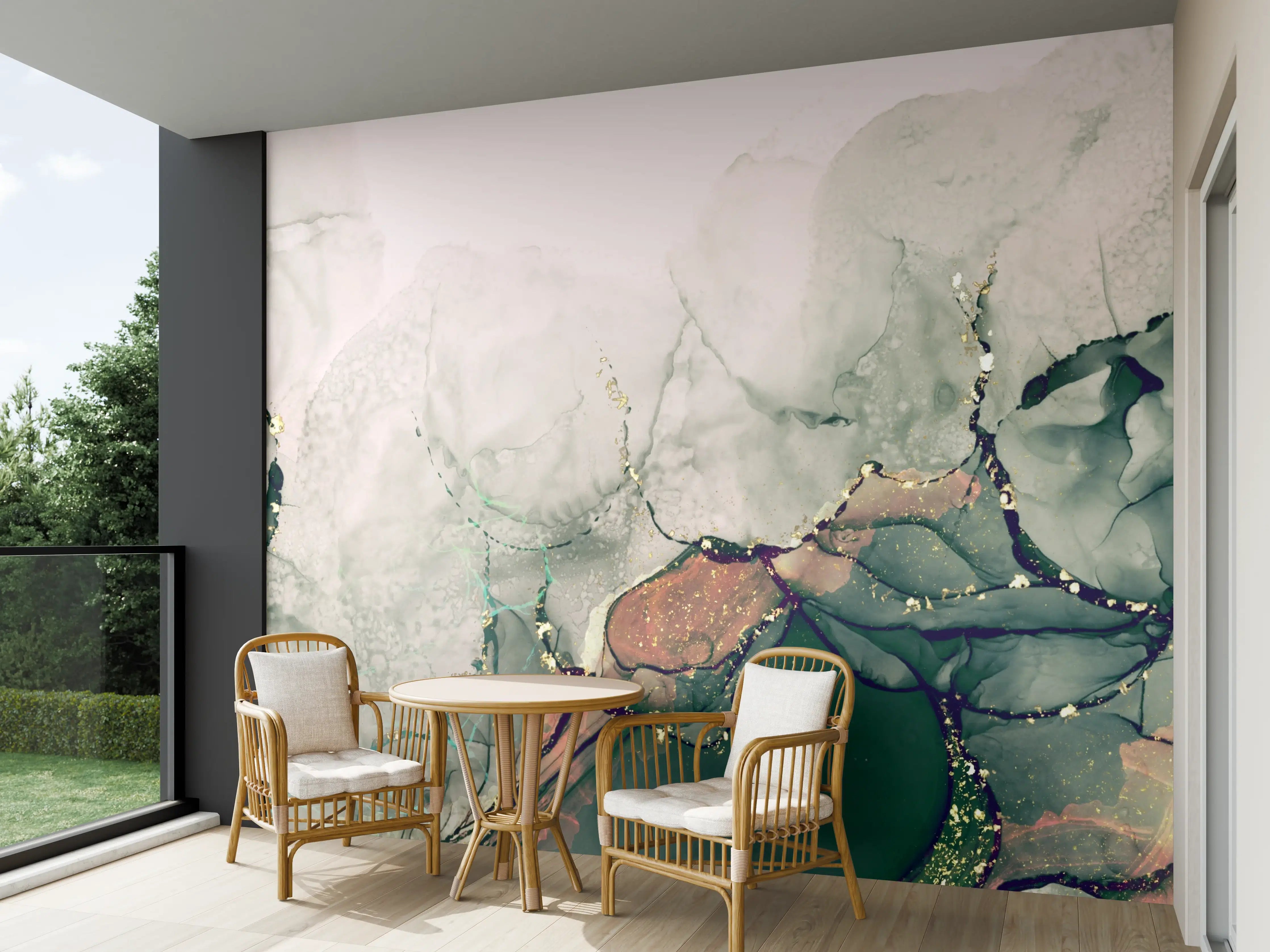 Wandverkleidung außen - Abstrakte Wasserfarbenkunst in Blau- und Grüntönen
