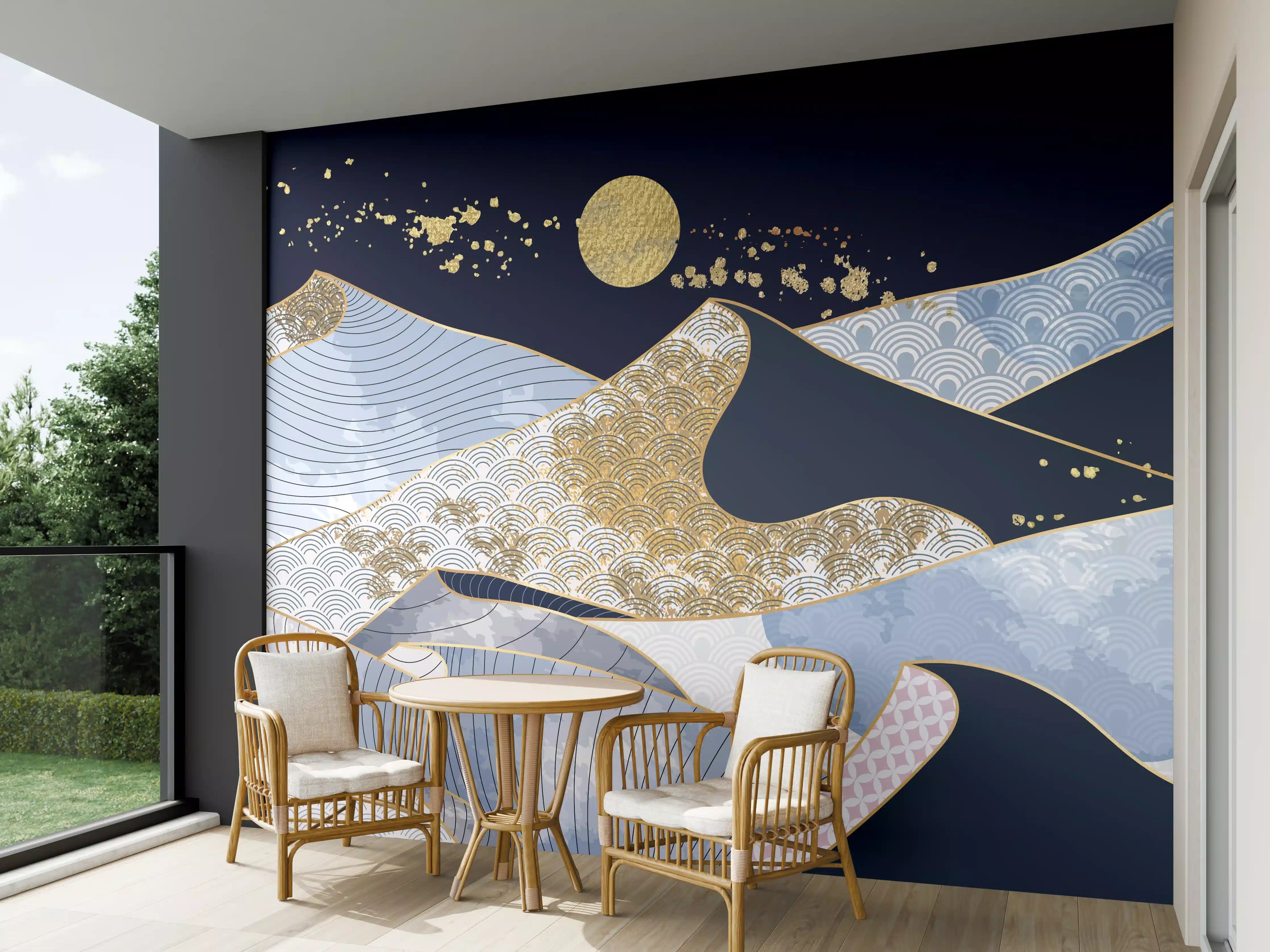 Wandverkleidung außen - Abstrakte Wellen Gold Blau