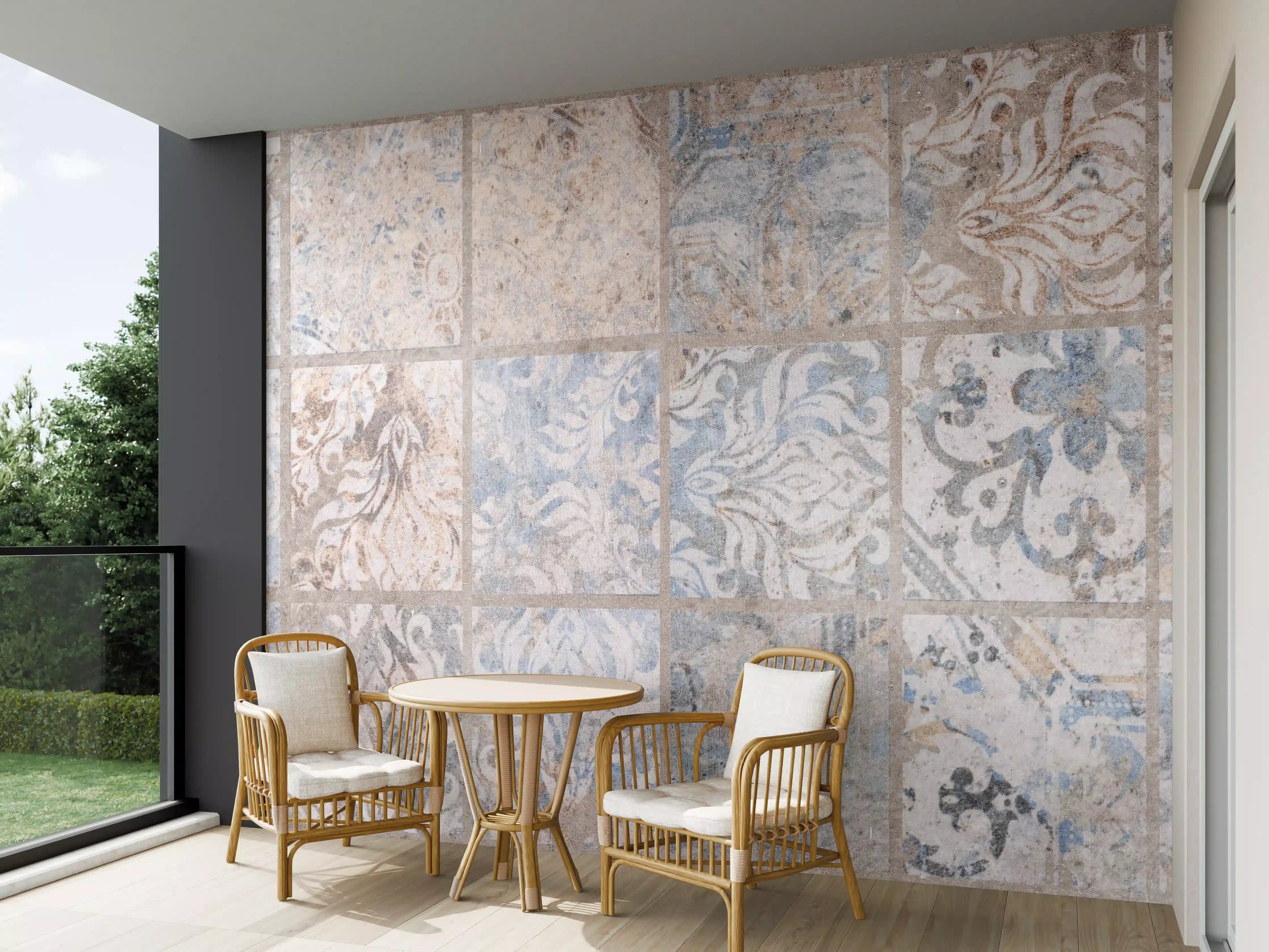 Wandverkleidung außen - Altes blau-braun Patchwork Motiv