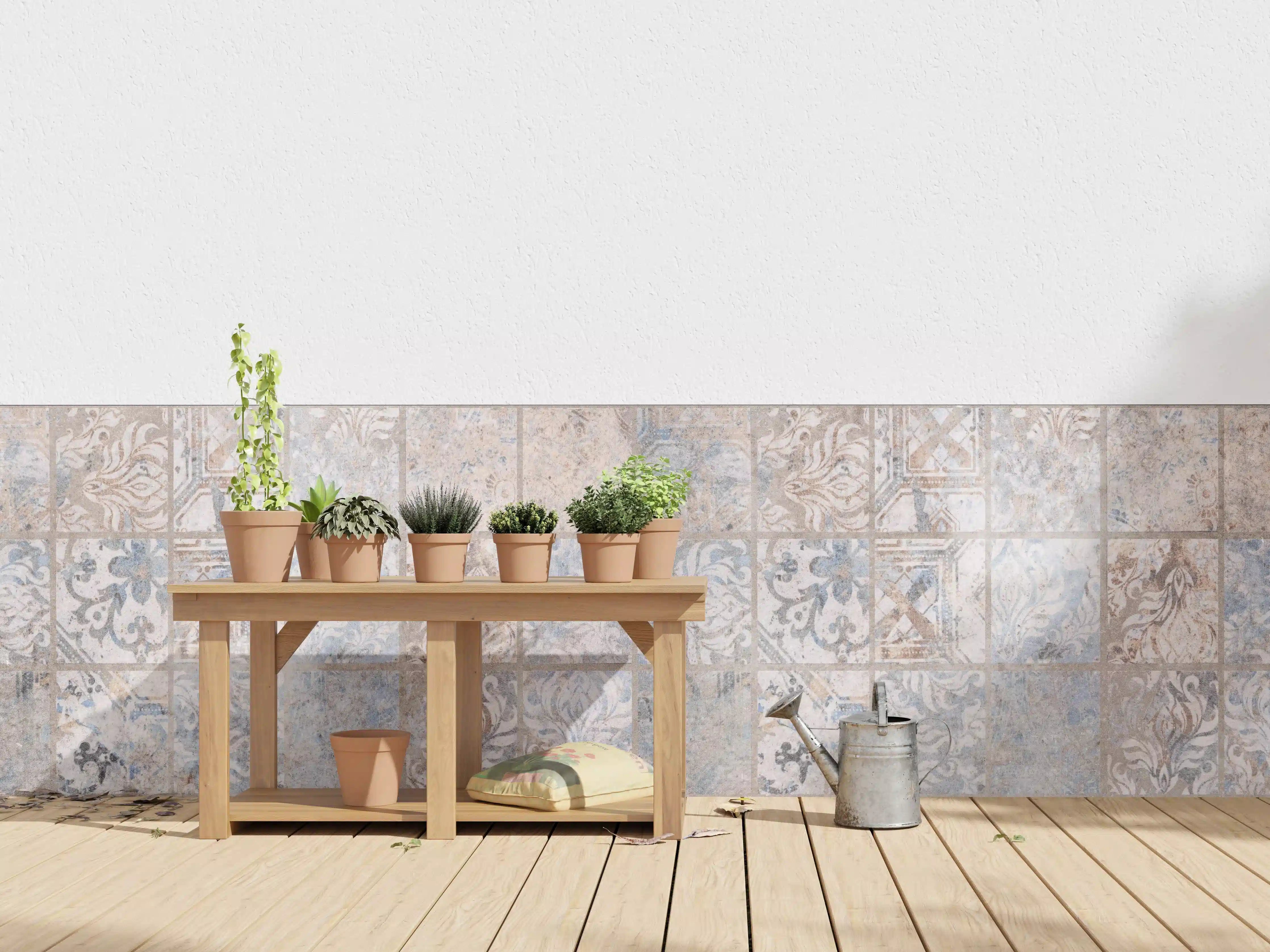 Wandverkleidung außen - Altes blau-braun Patchwork Motiv