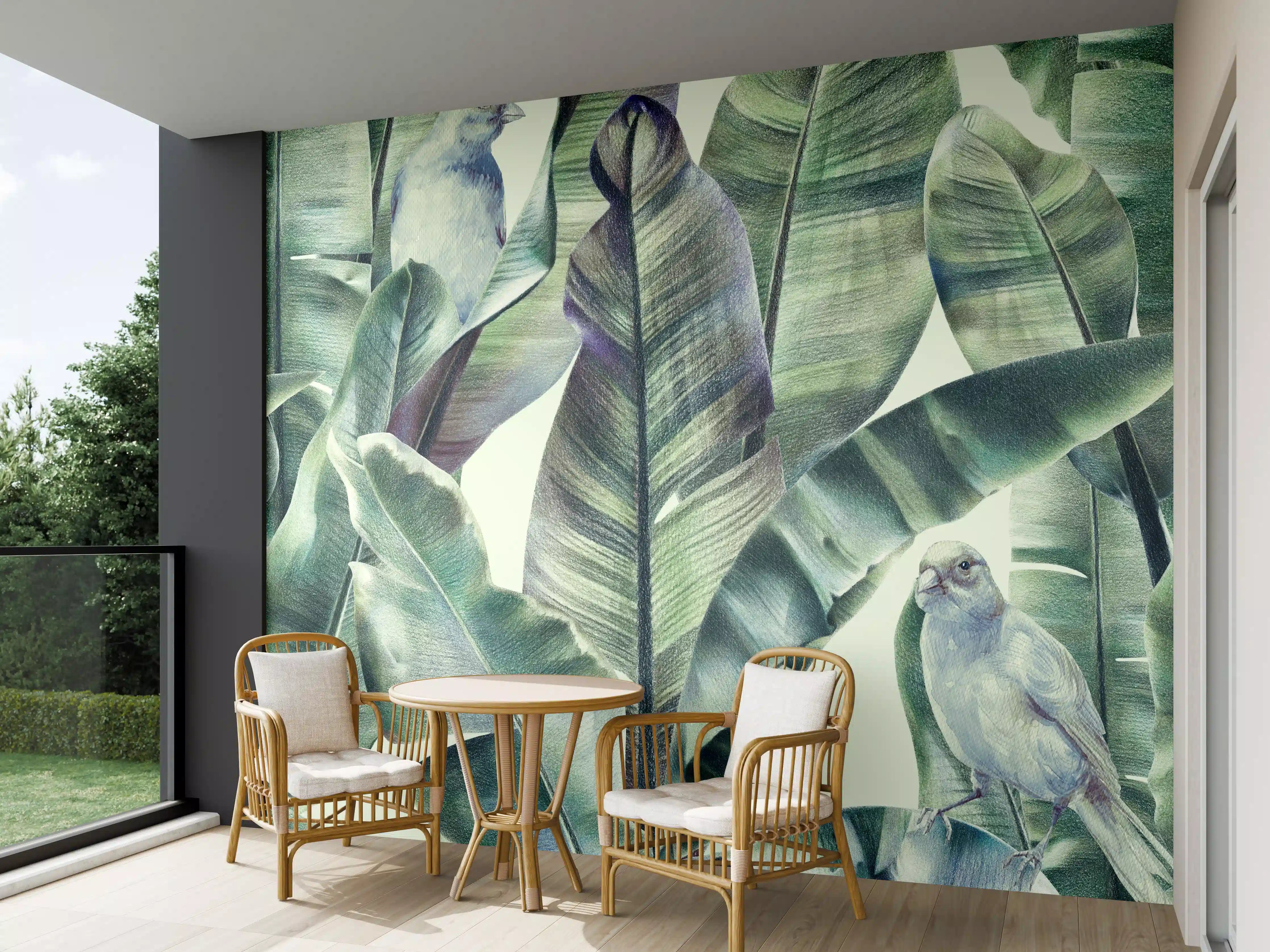 Wandverkleidung außen - Aquarell - exotischen Vögel auf Bananenblättern