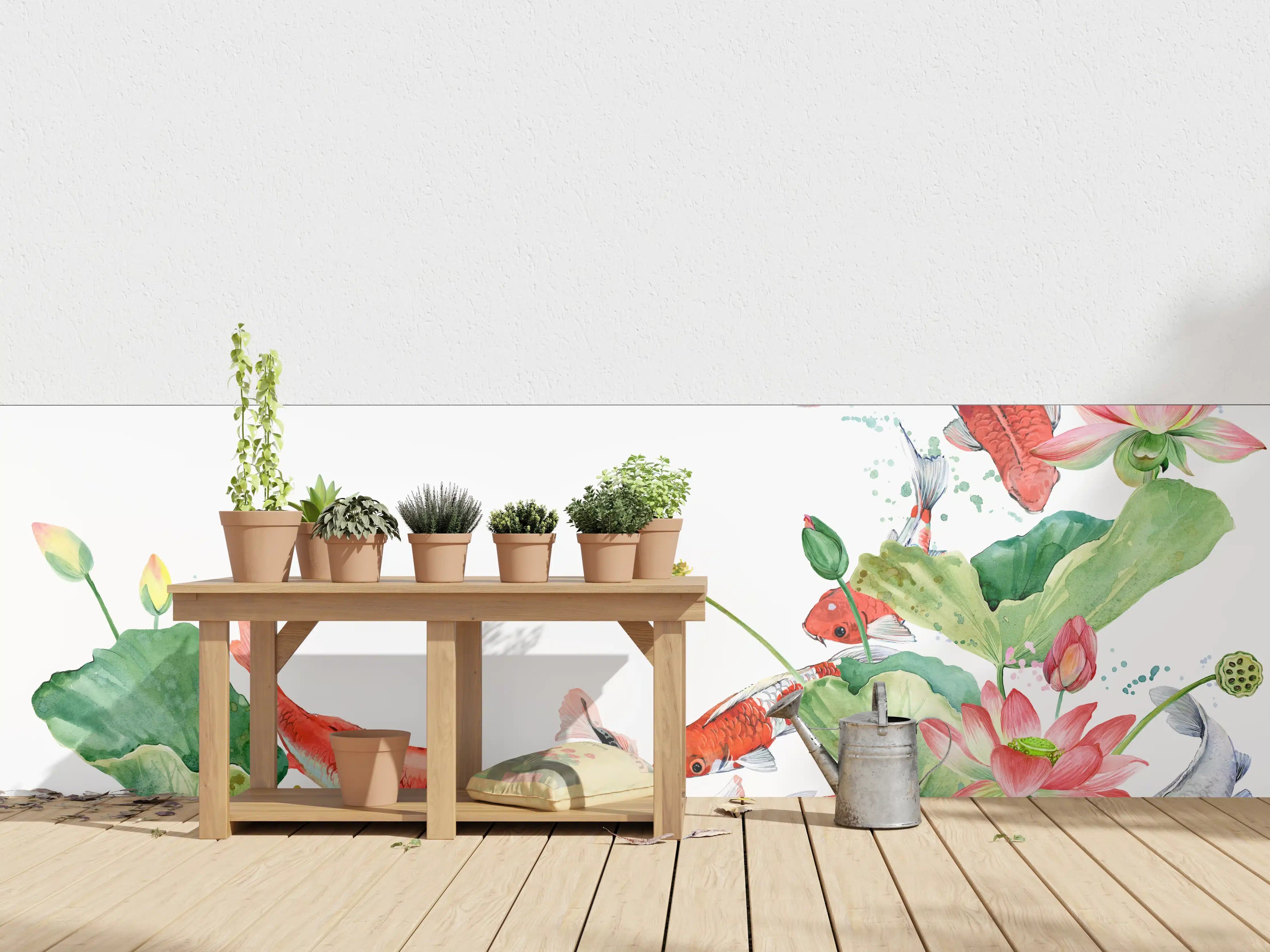 Wandverkleidung außen - Aquarell Koi Karpfen und Lotusblume