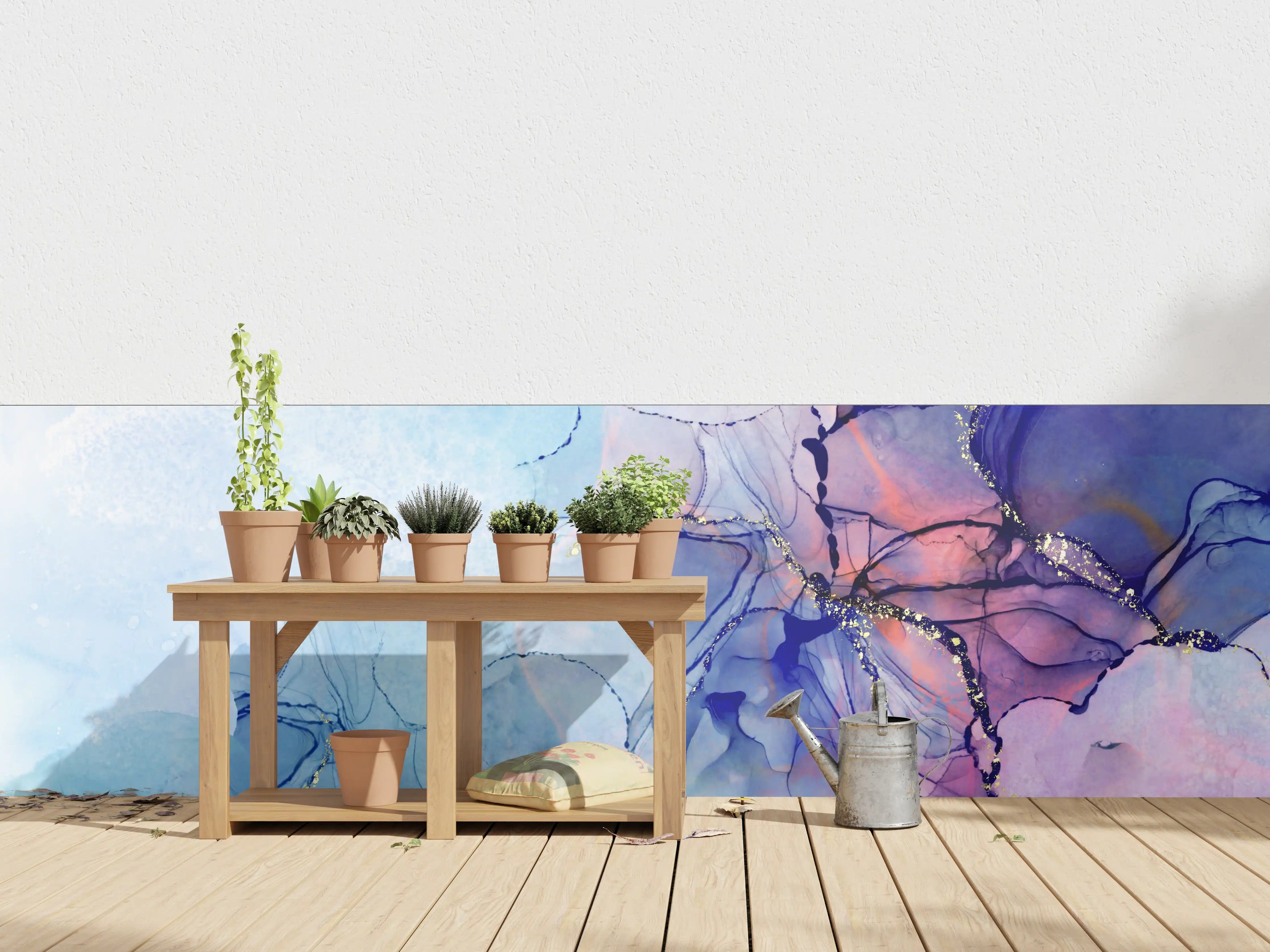 Wandverkleidung außen - Aquarellkunst in Blau und Rosa mit Goldakzenten