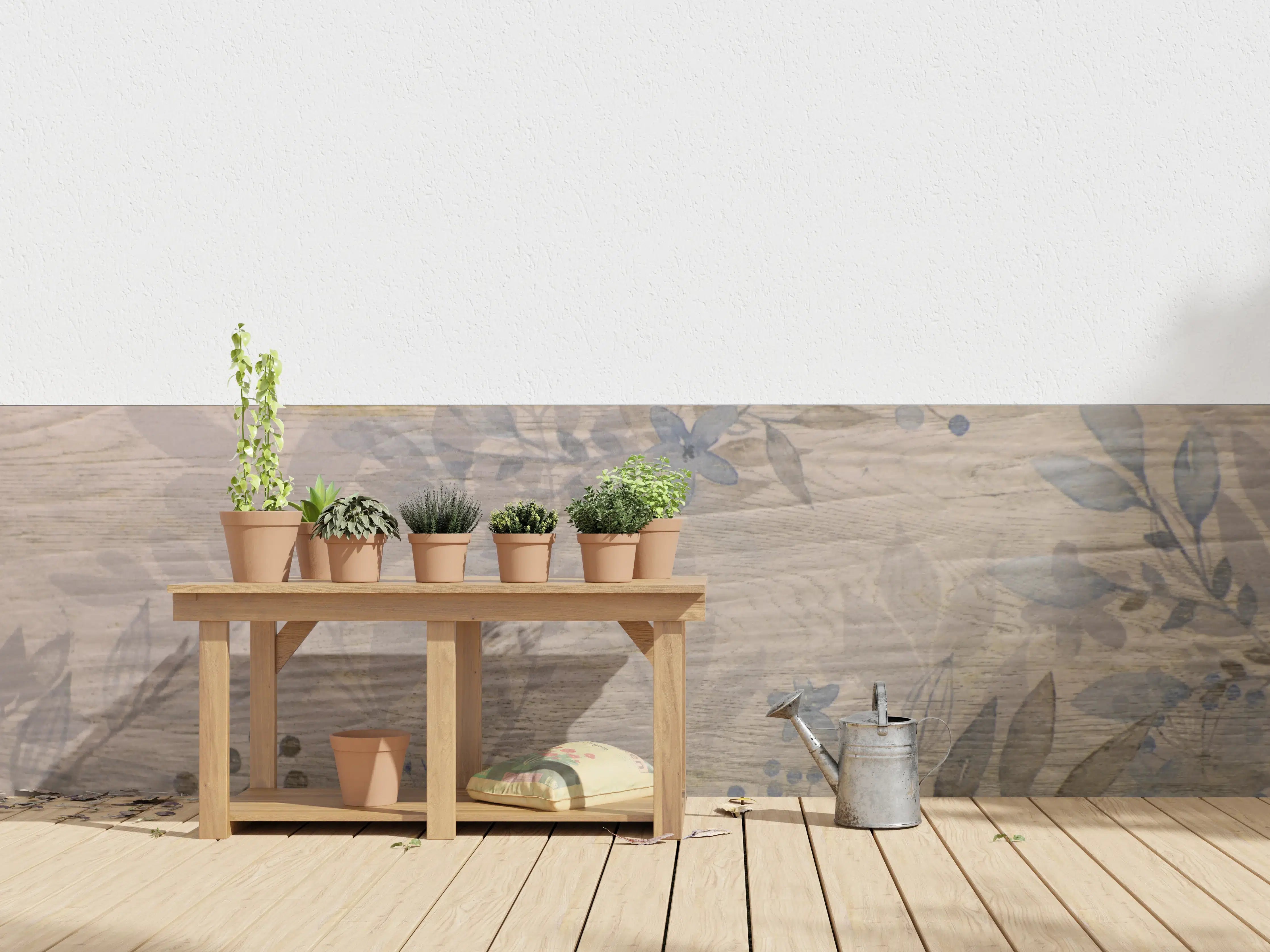 Wandverkleidung außen - Beige Holzpaneel mit floralen Mustern