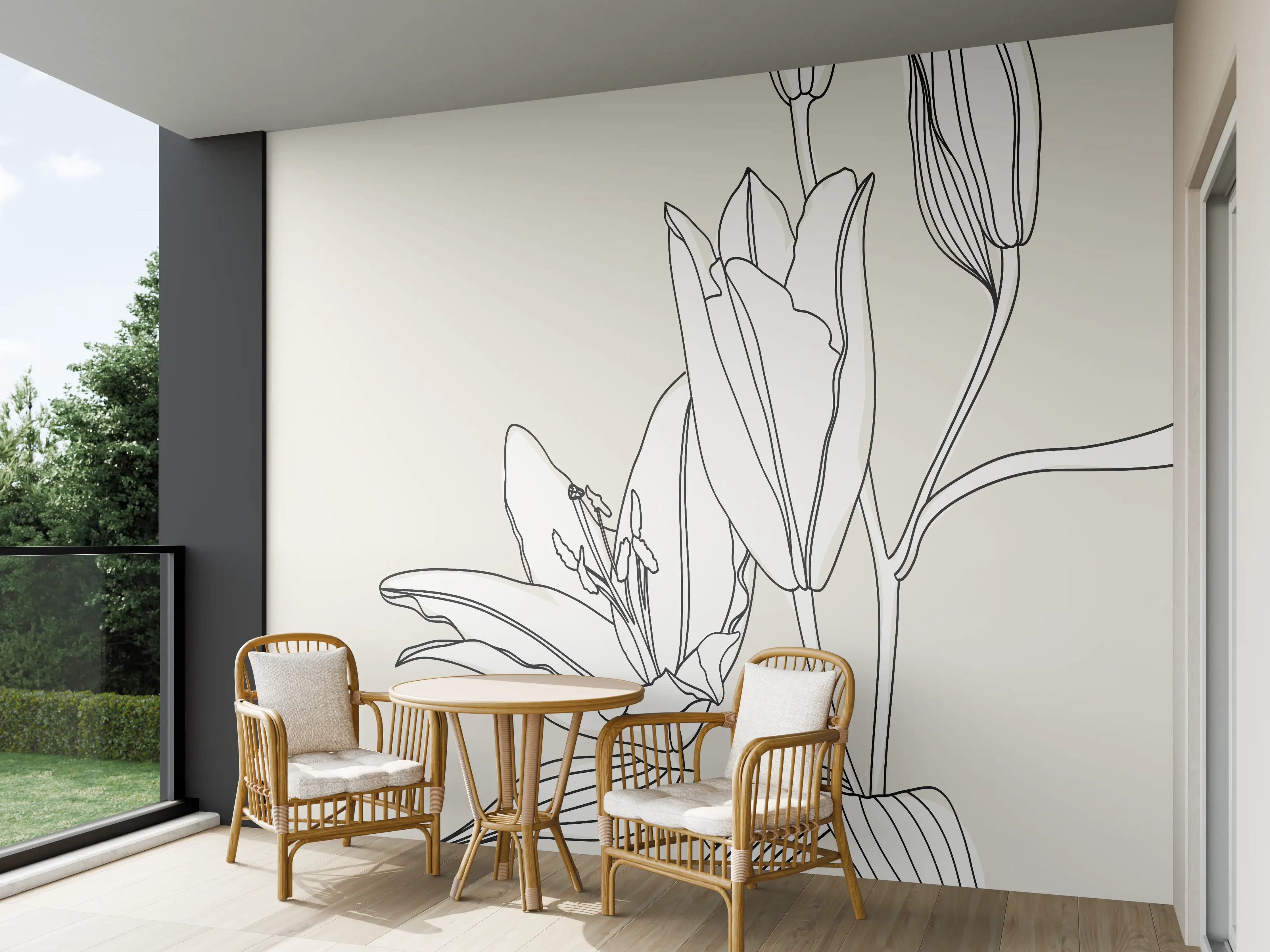 Wandverkleidung außen - Beige Lilien Linienkunst