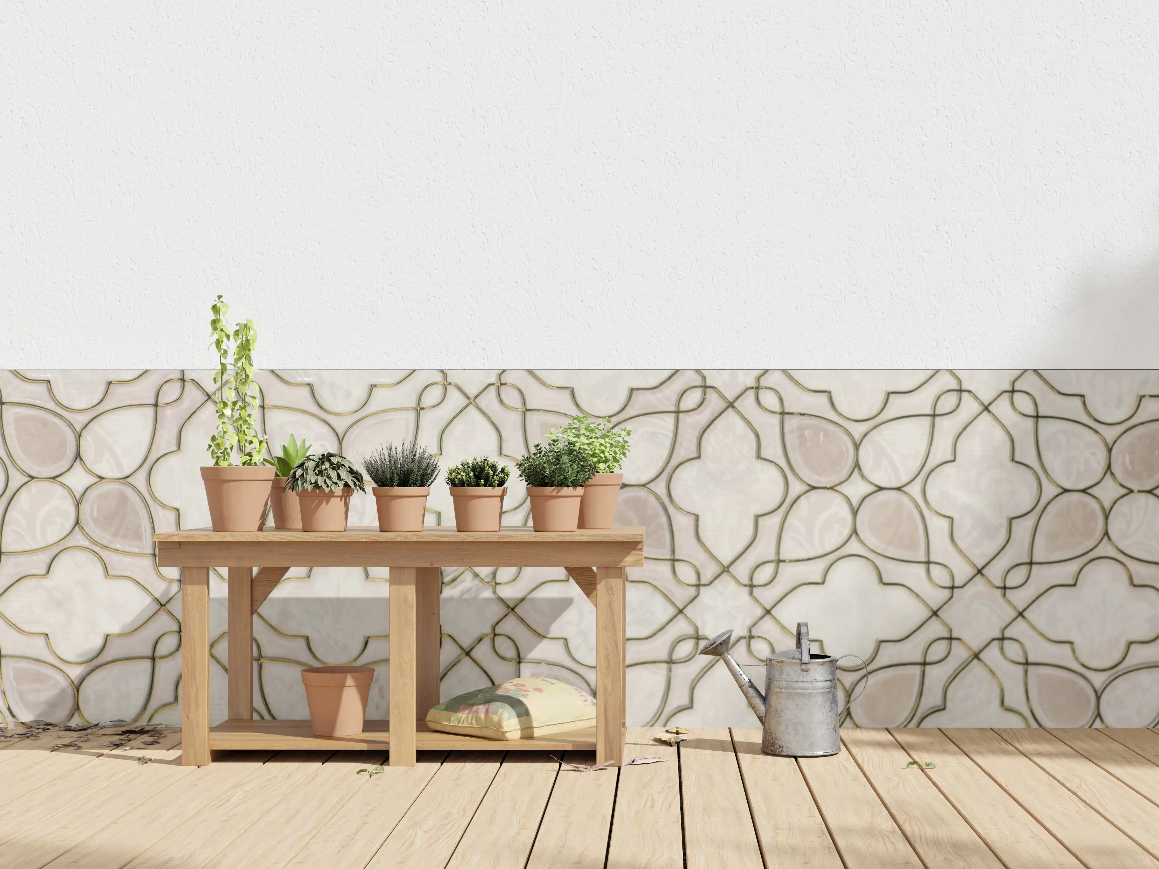 Wandverkleidung außen - Beige Ornamentmuster mit Goldakzenten