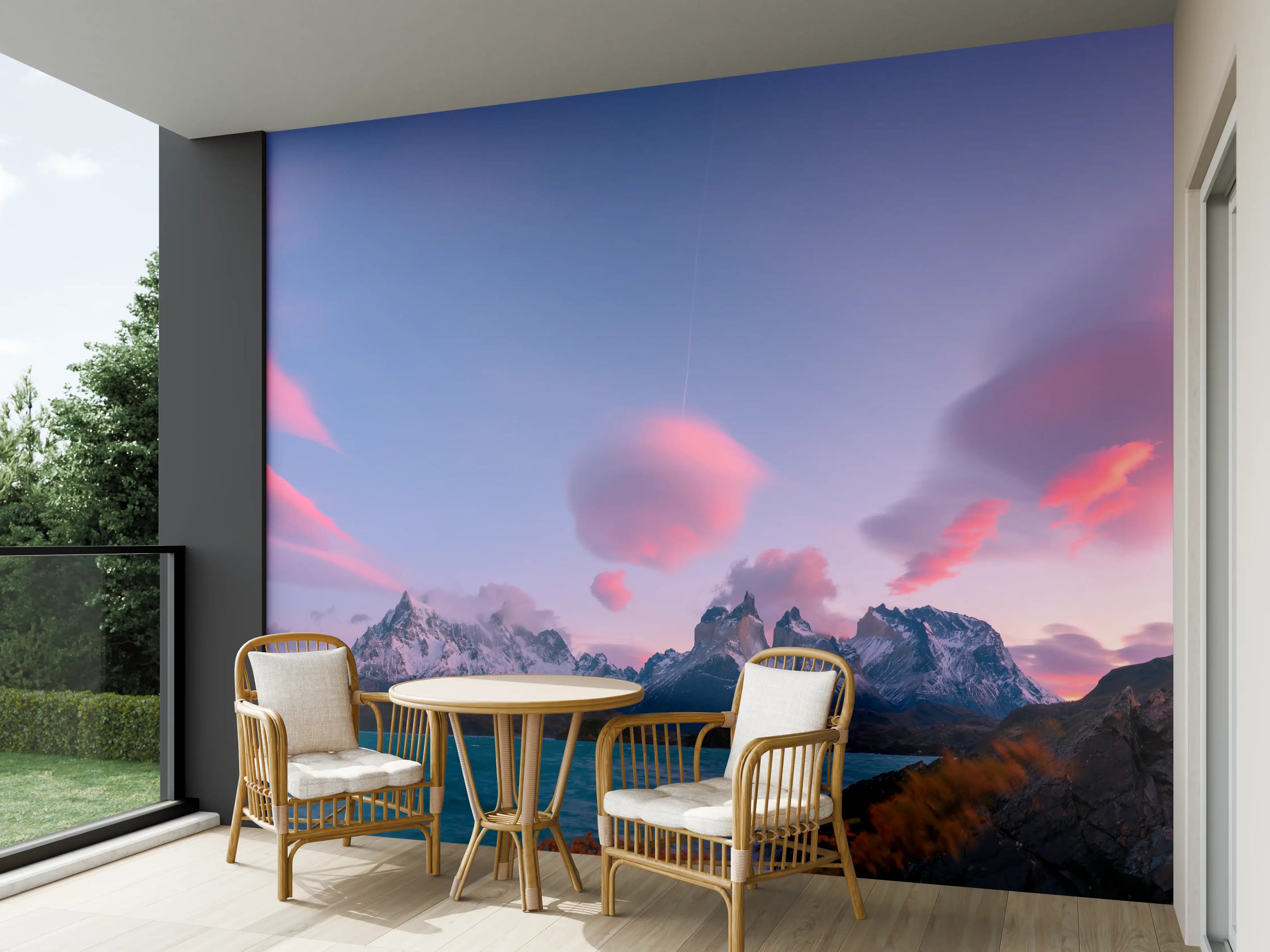 Wandverkleidung außen - Bergpanorama im rosa Sonnenuntergang