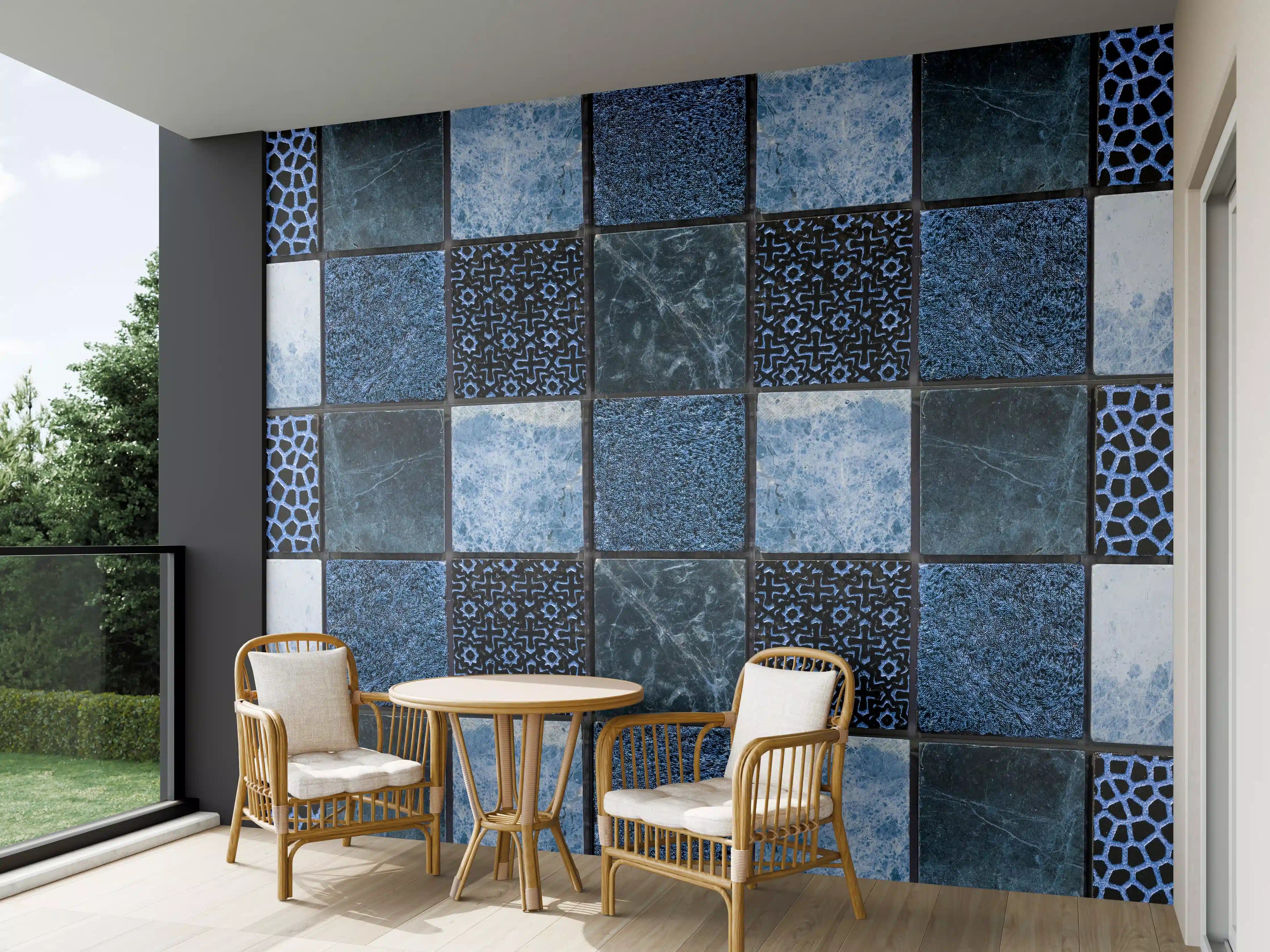 Wandverkleidung außen - Bläuliche quadratische Mosaiktextur