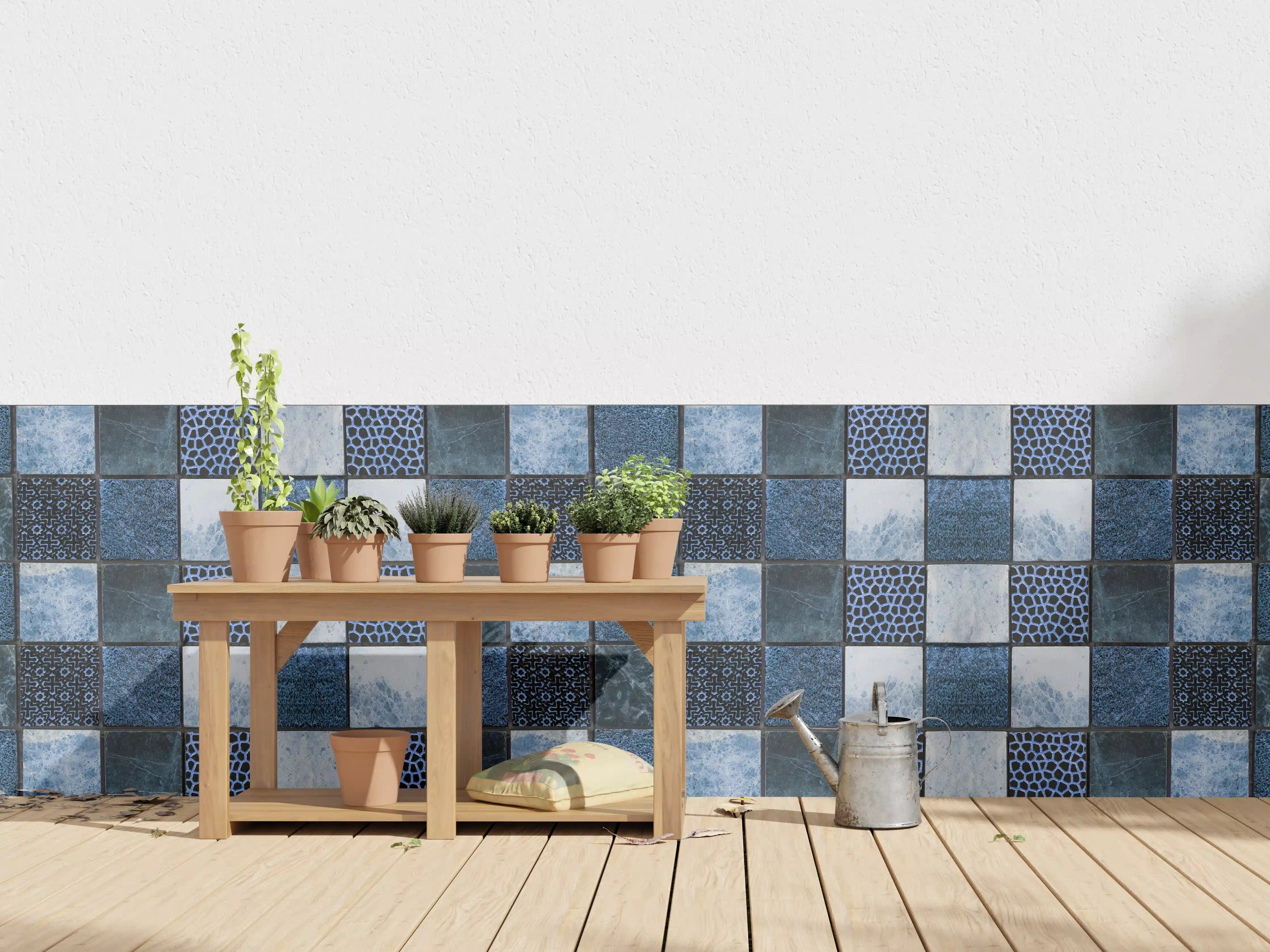 Wandverkleidung außen - Bläuliche quadratische Mosaiktextur