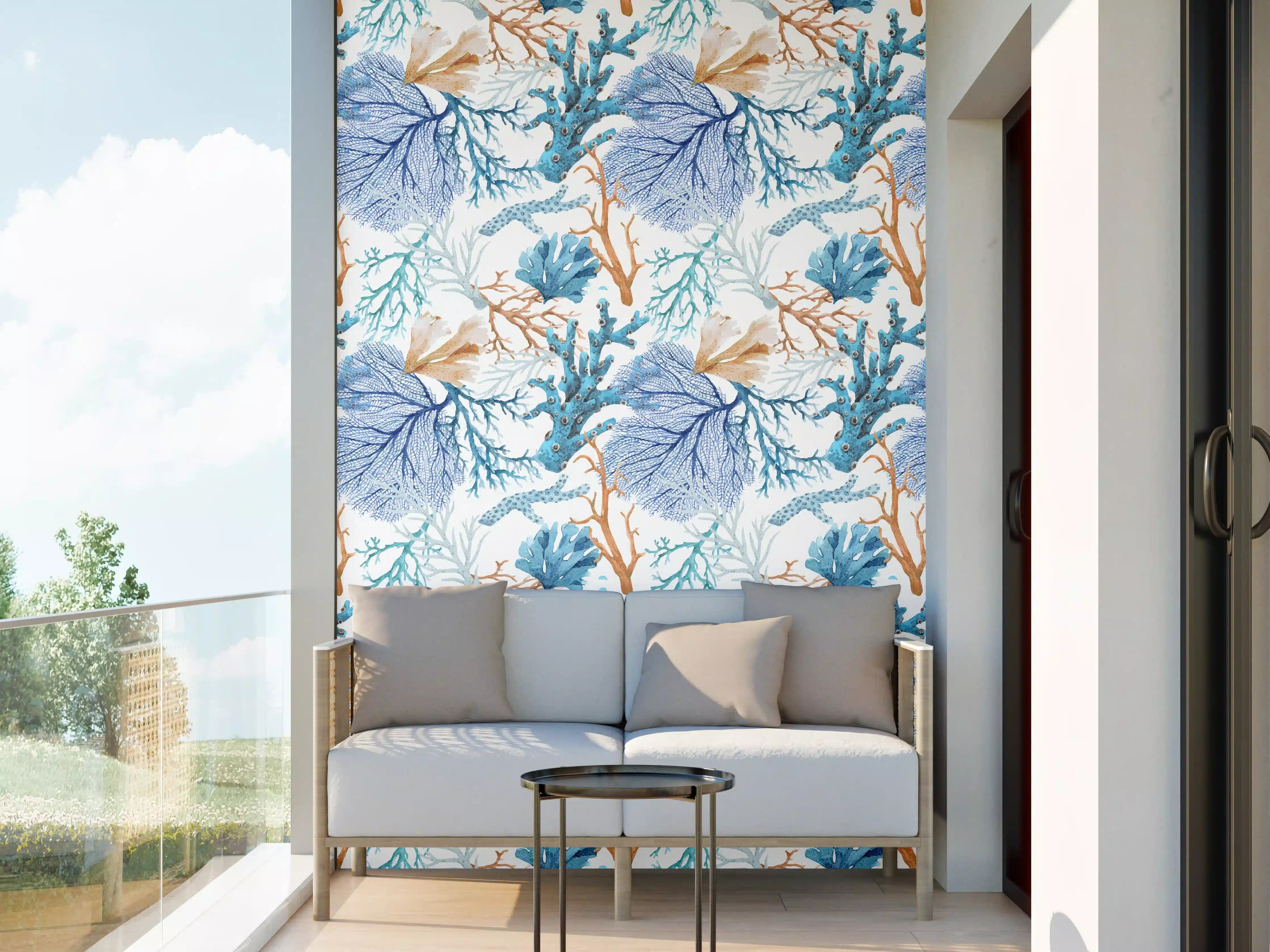 Wandverkleidung außen - Blau-Beige Korallenmuster