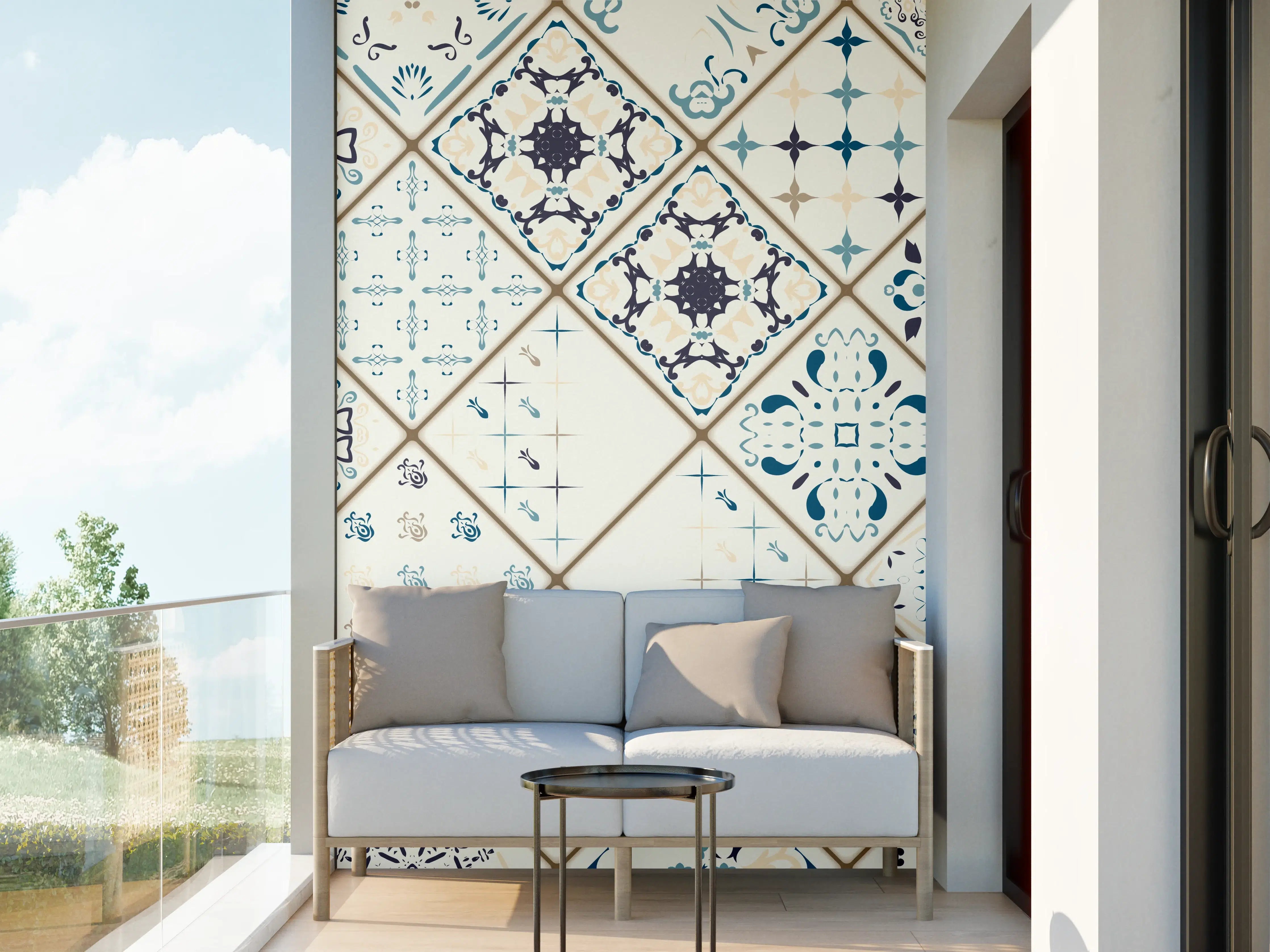 Wandverkleidung außen - Blau-Beige Retro Fliesendesign