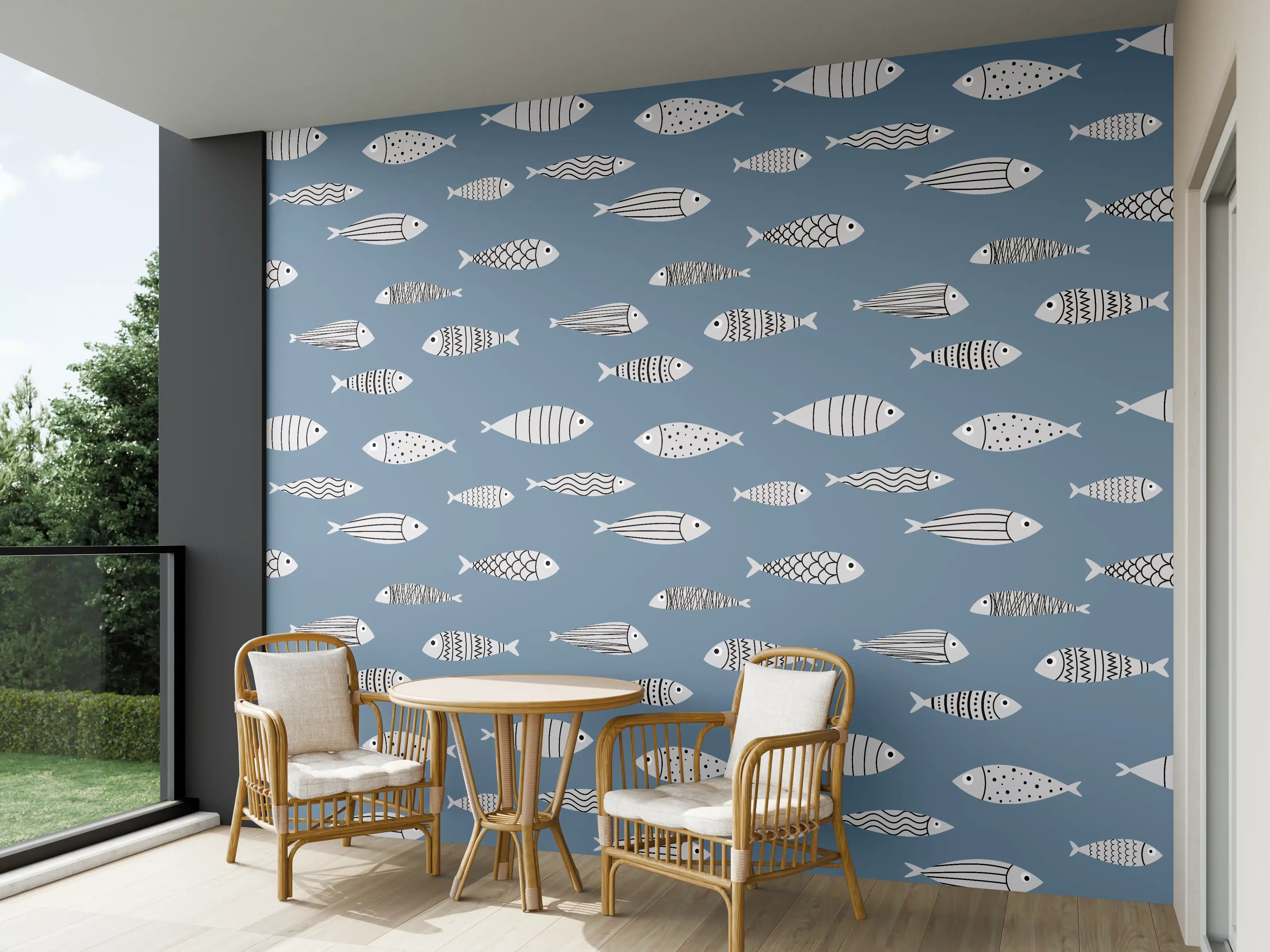Wandverkleidung außen - Blau-Weiß Fischmuster