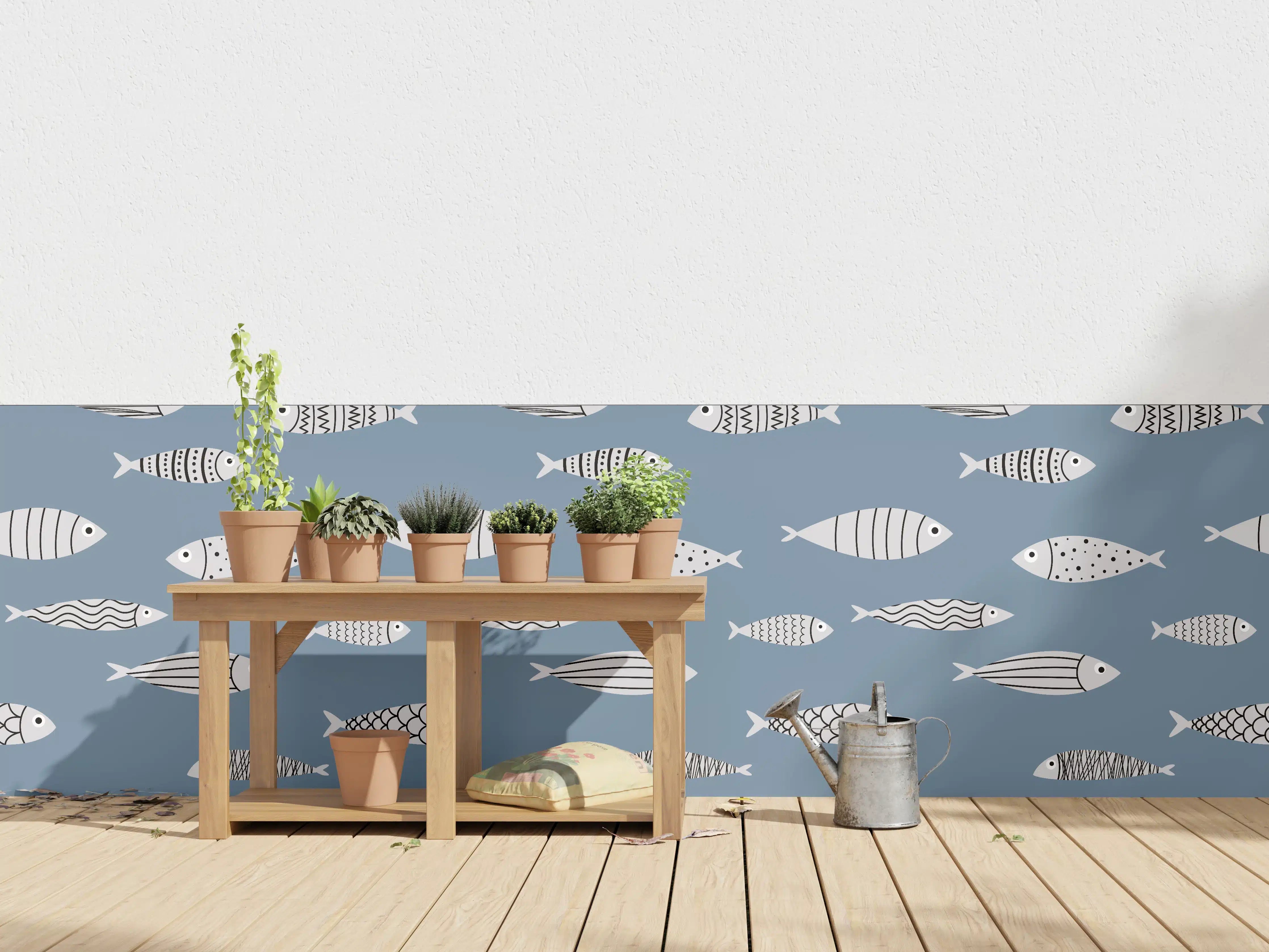 Wandverkleidung außen - Blau-Weiß Fischmuster