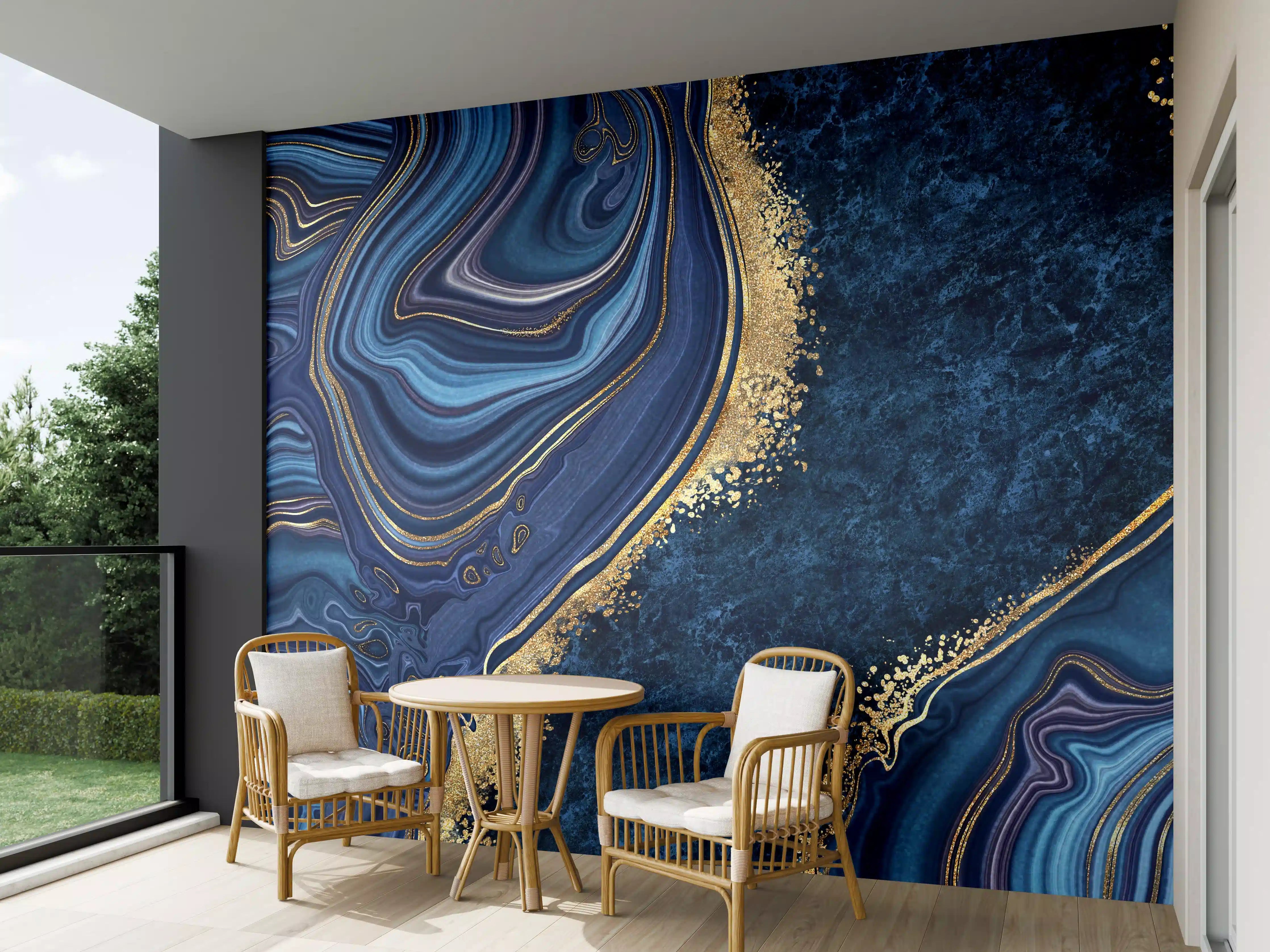 Wandverkleidung außen - Blau goldenes Mosaik Design aus Marmor