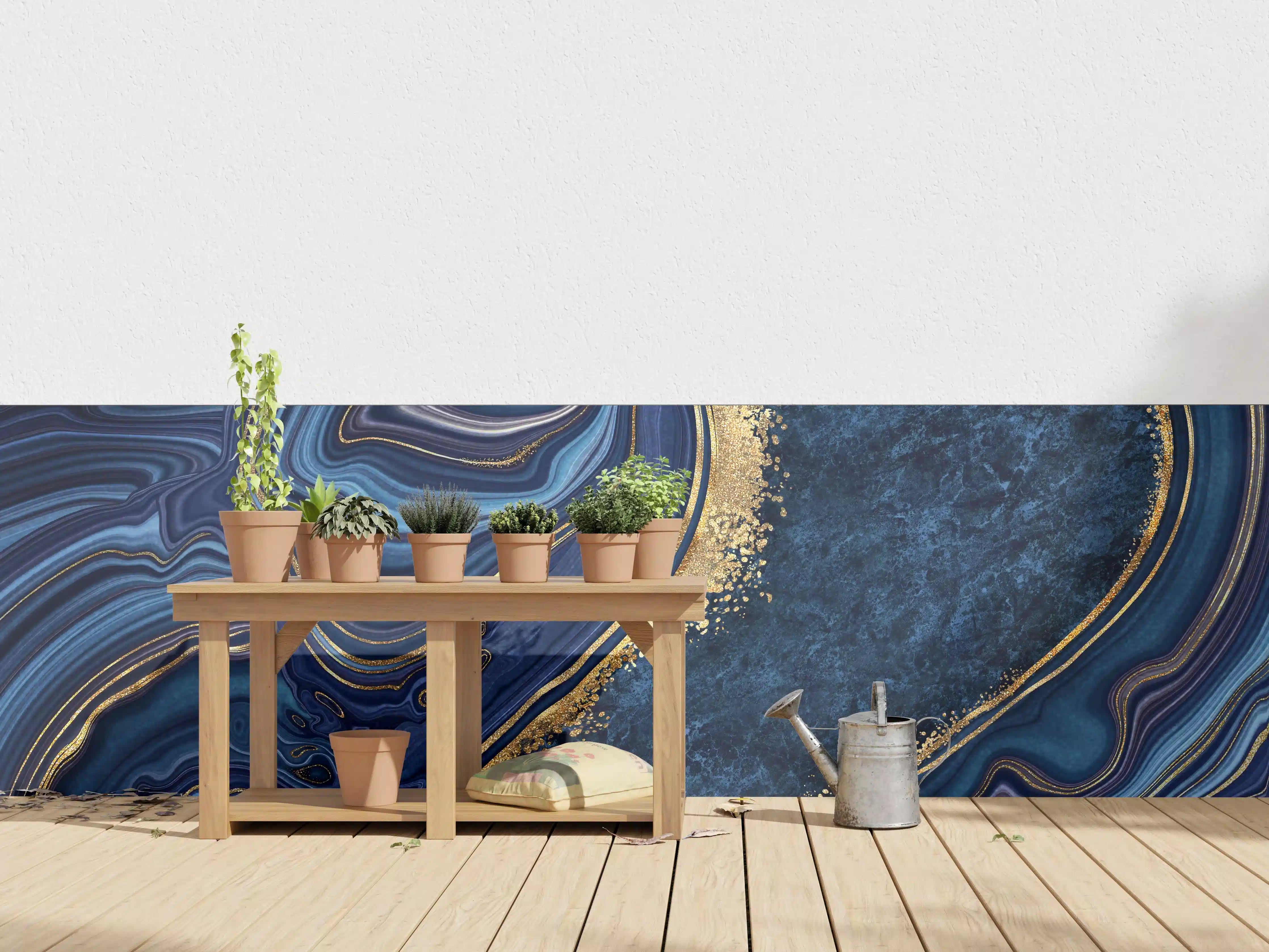 Wandverkleidung außen - Blau goldenes Mosaik Design aus Marmor