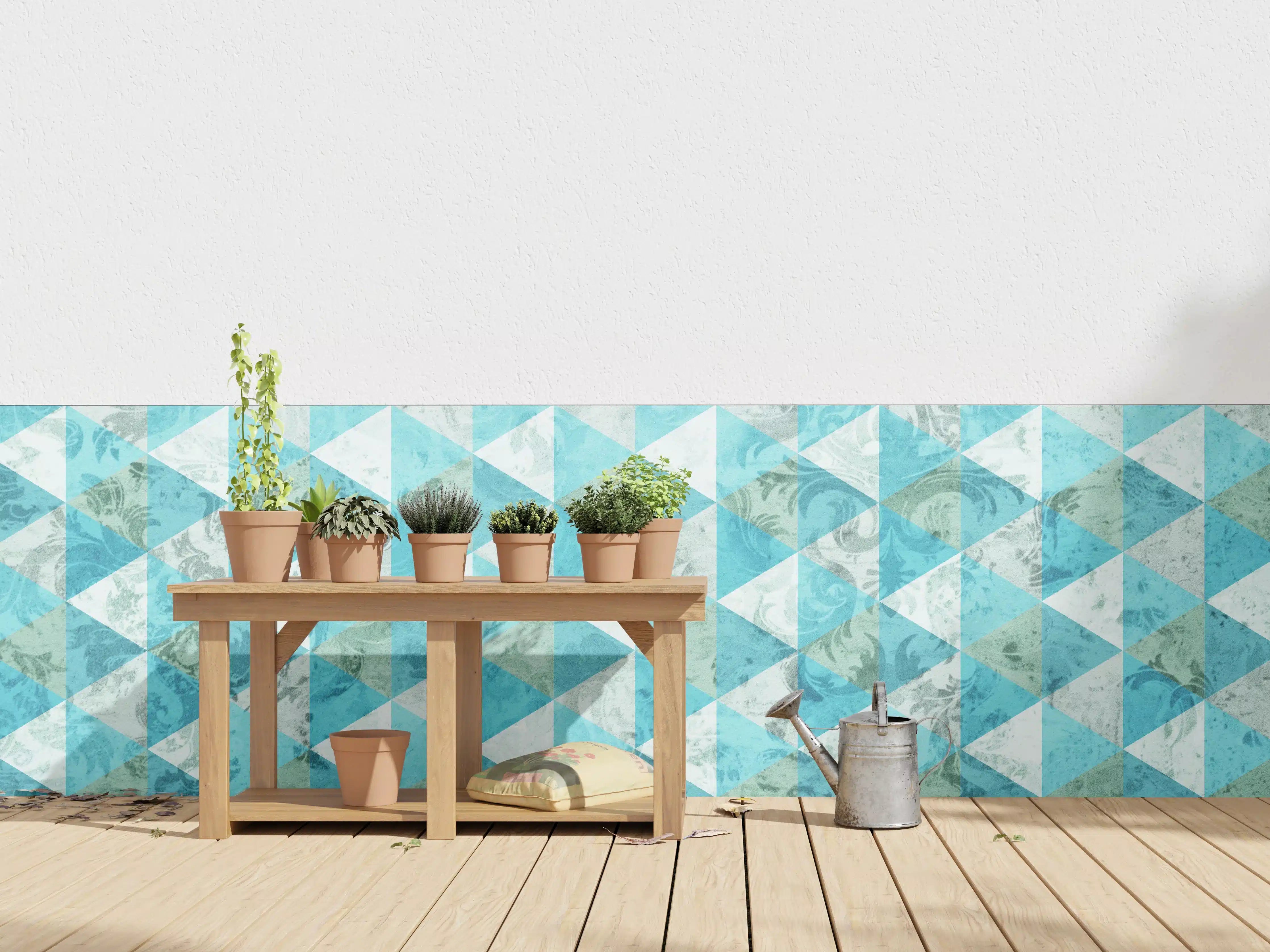 Wandverkleidung außen - Blau-weiße geometrische Fliesenmuster