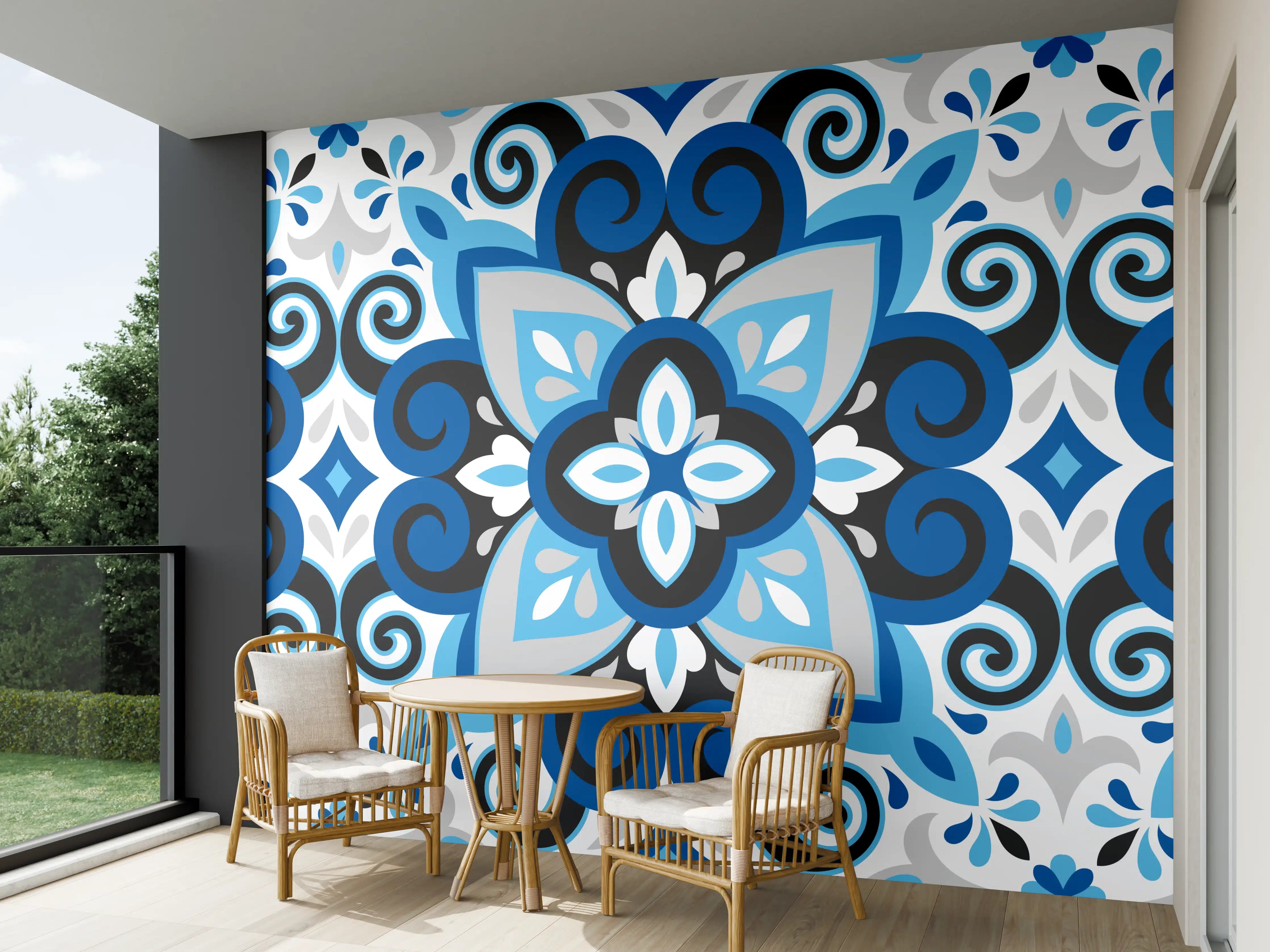 Wandverkleidung außen - Blau-weißes Musterdesign mit subtilen Grautönen