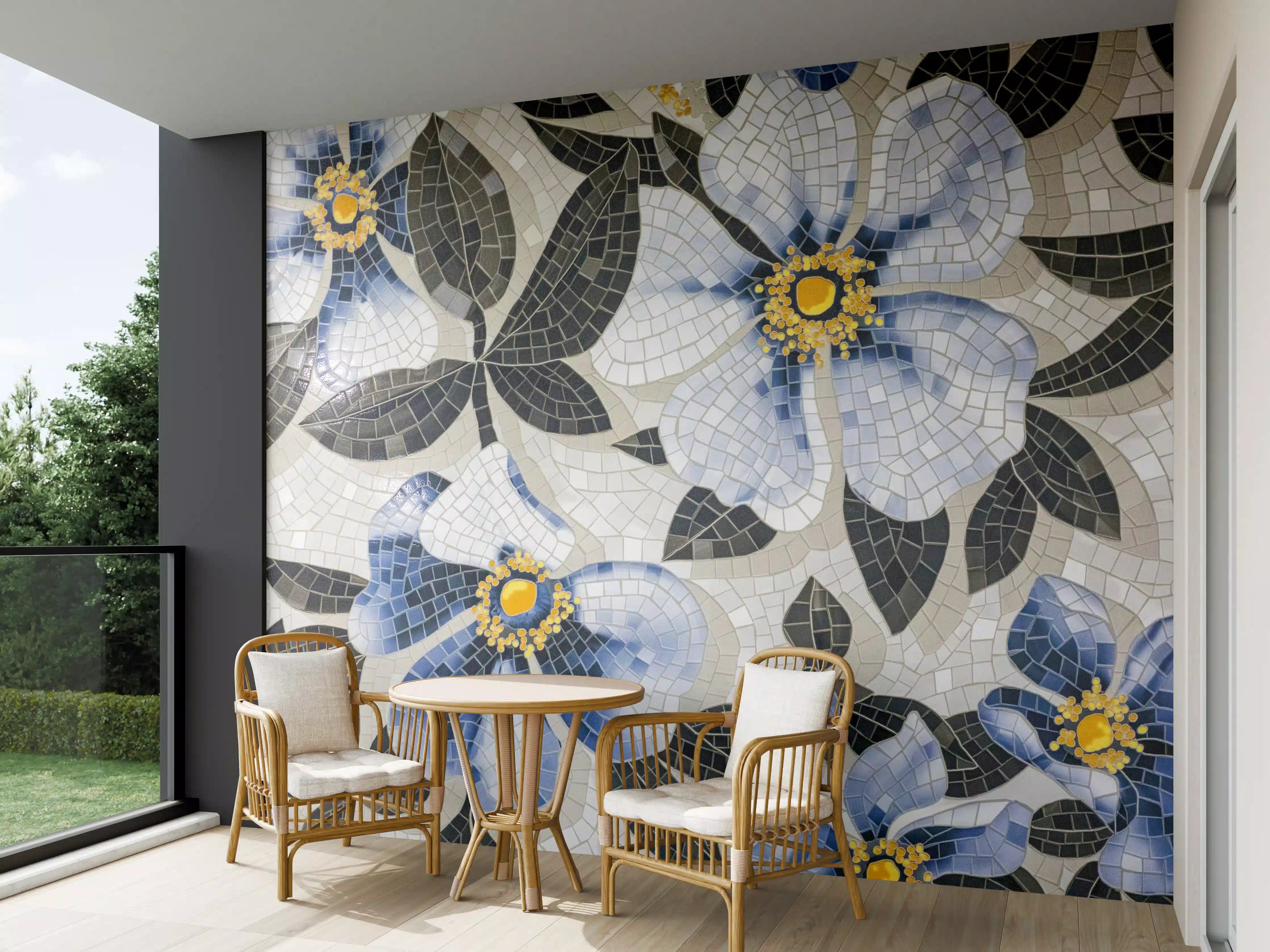 Wandverkleidung außen - Blaue Blumen Mosaikfliesen
