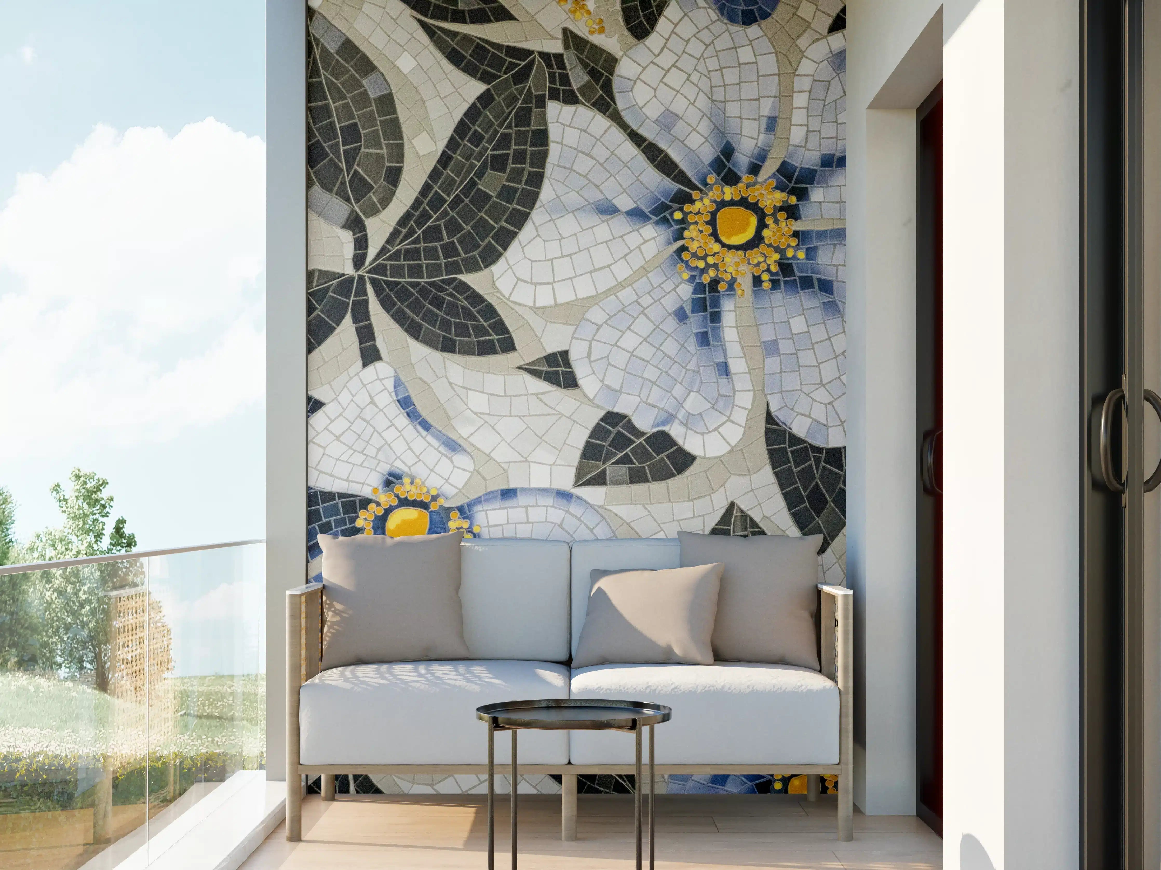 Wandverkleidung außen - Blaue Blumen Mosaikfliesen