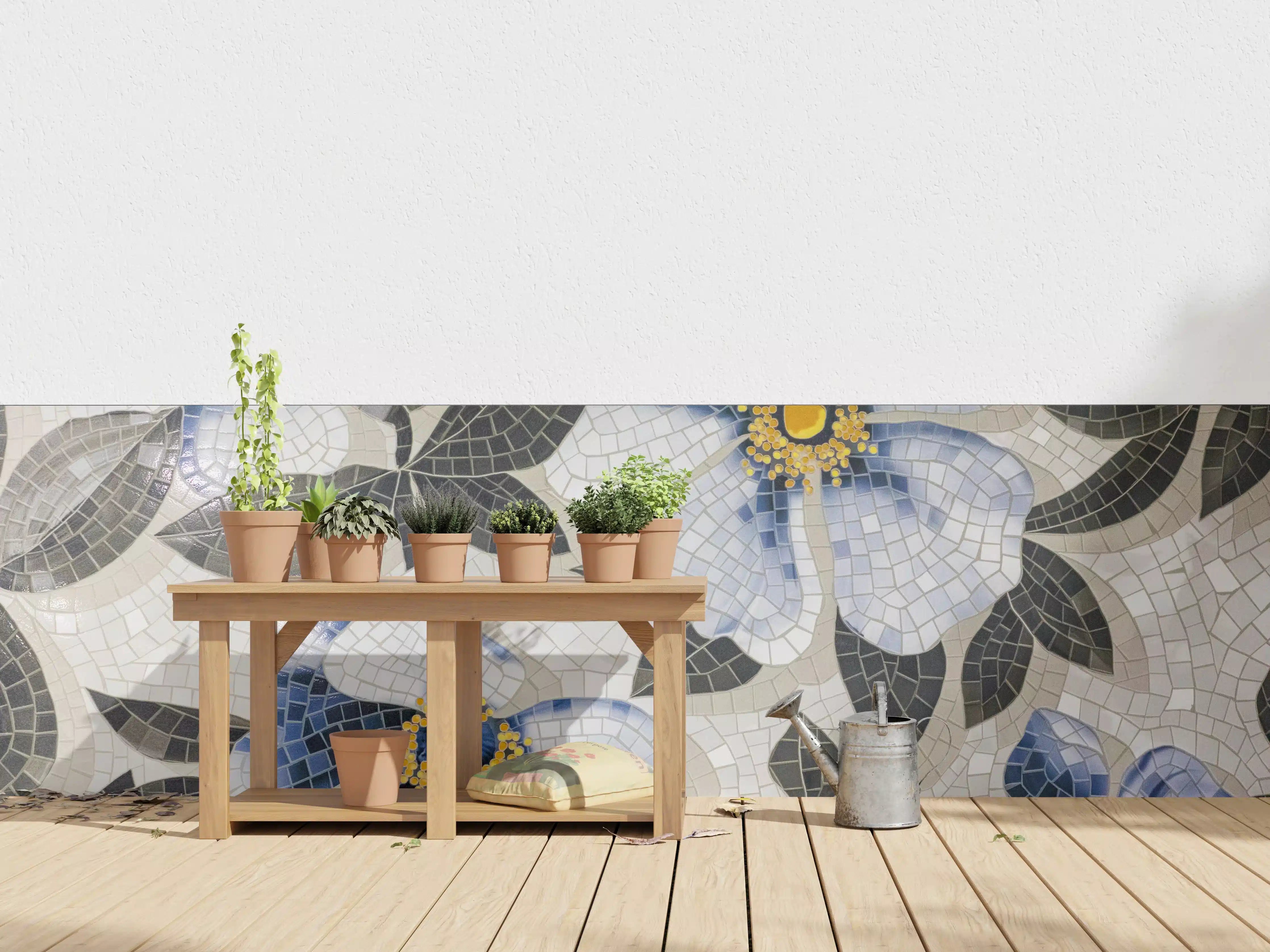 Wandverkleidung außen - Blaue Blumen Mosaikfliesen
