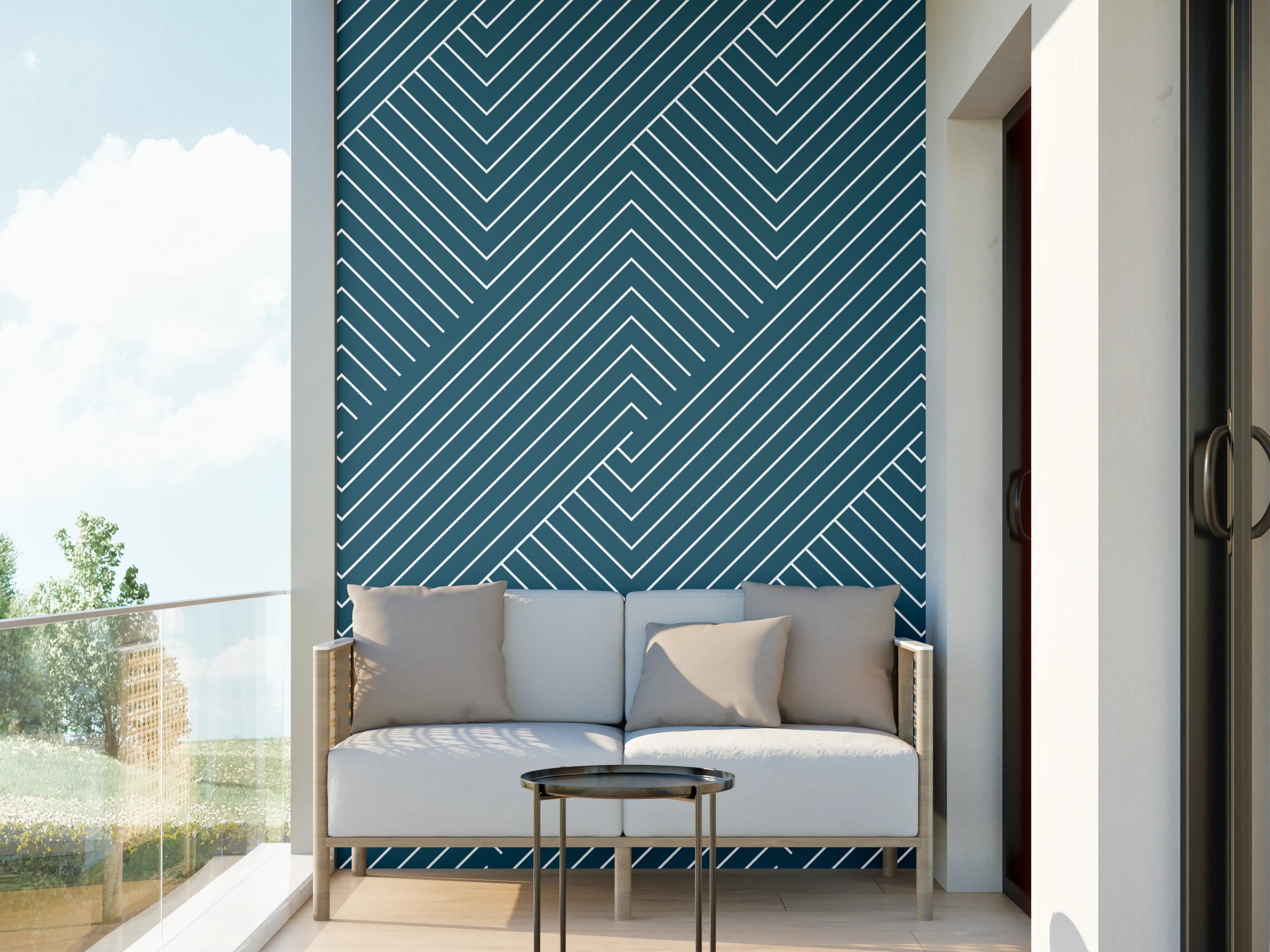 Wandverkleidung außen - Blauer geometrischer Dekor mit feinen Graunuancen