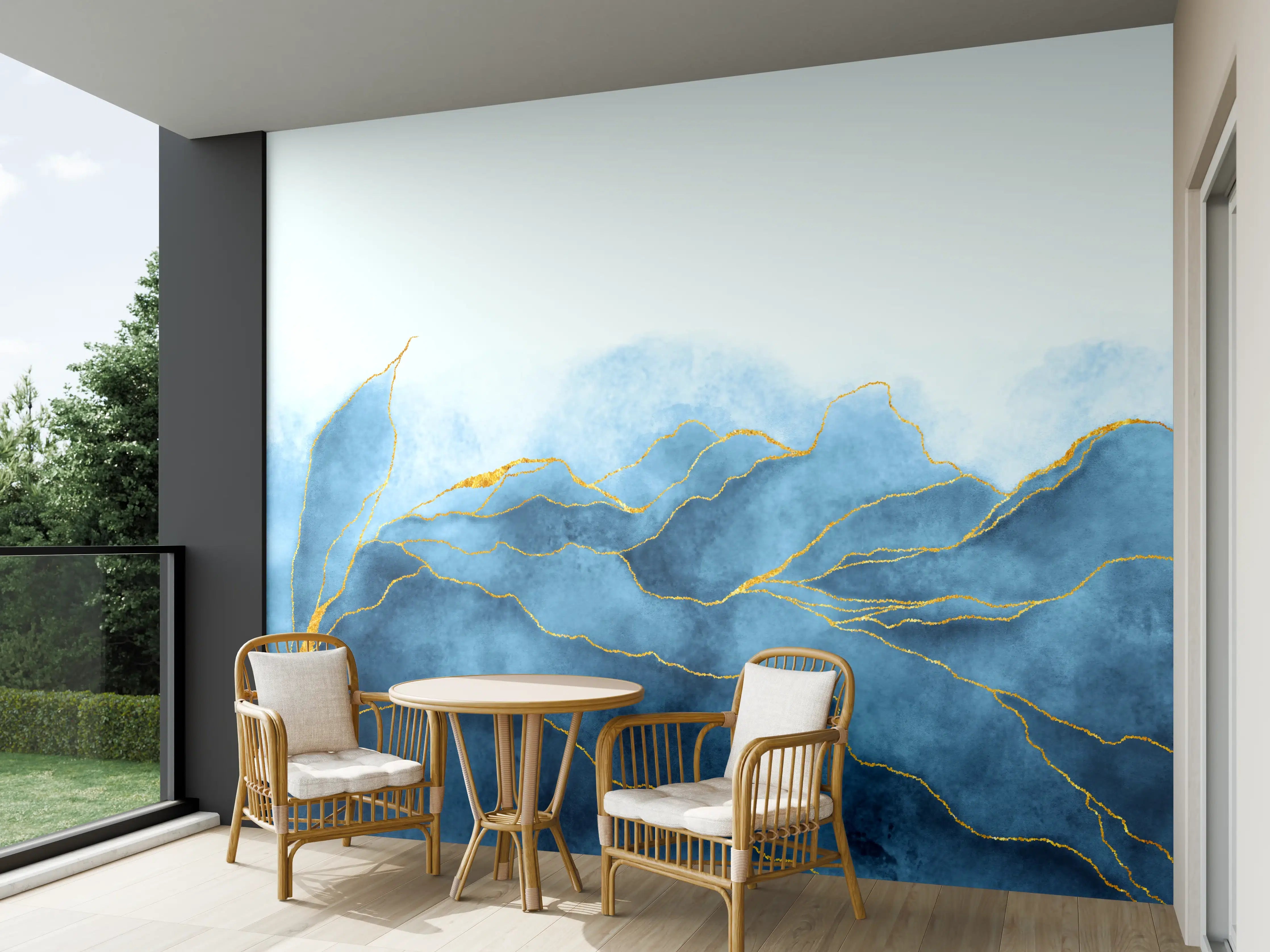 Wandverkleidung außen - Blaues Aquarell mit Goldelementen