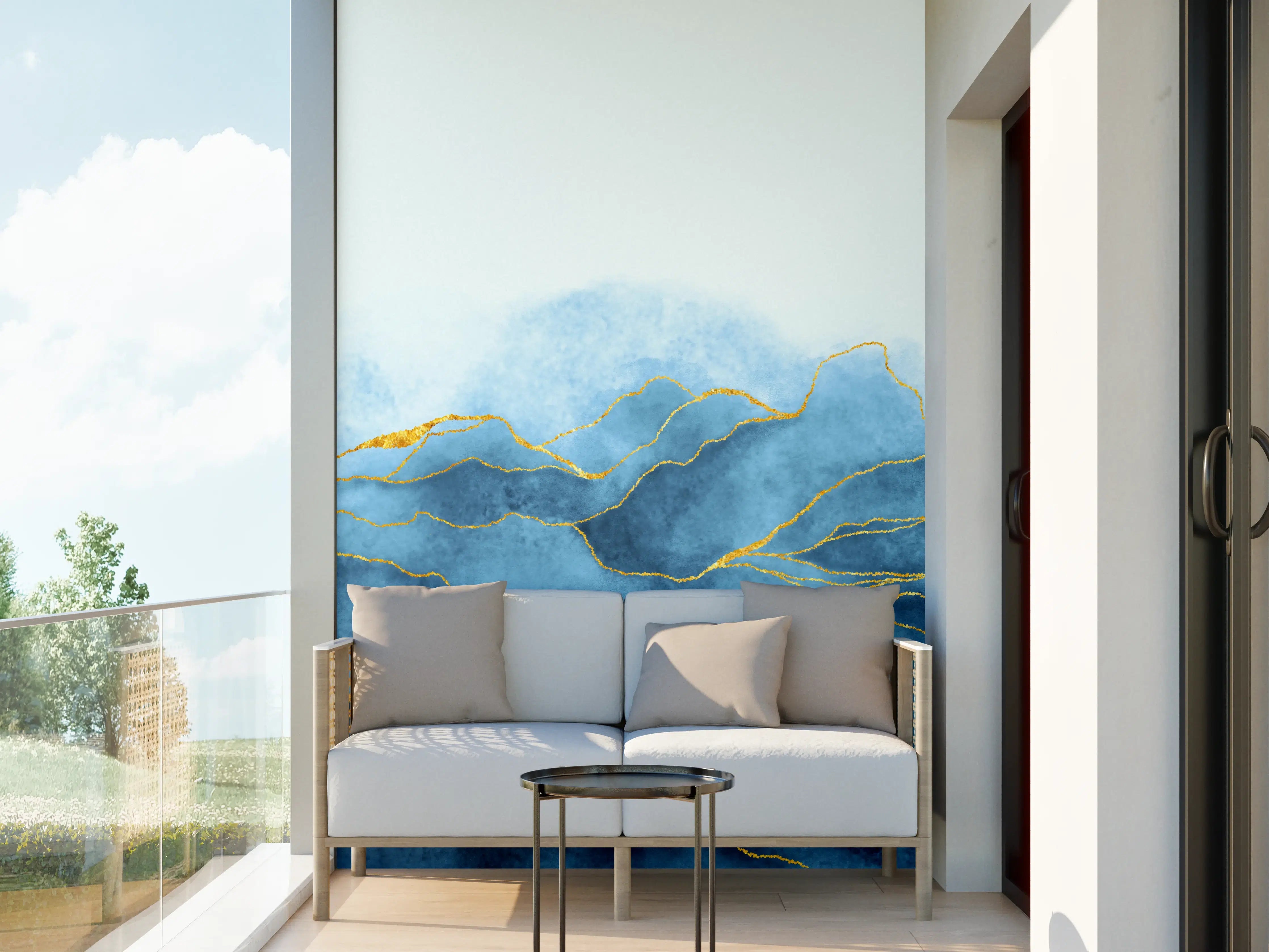Wandverkleidung außen - Blaues Aquarell mit Goldelementen