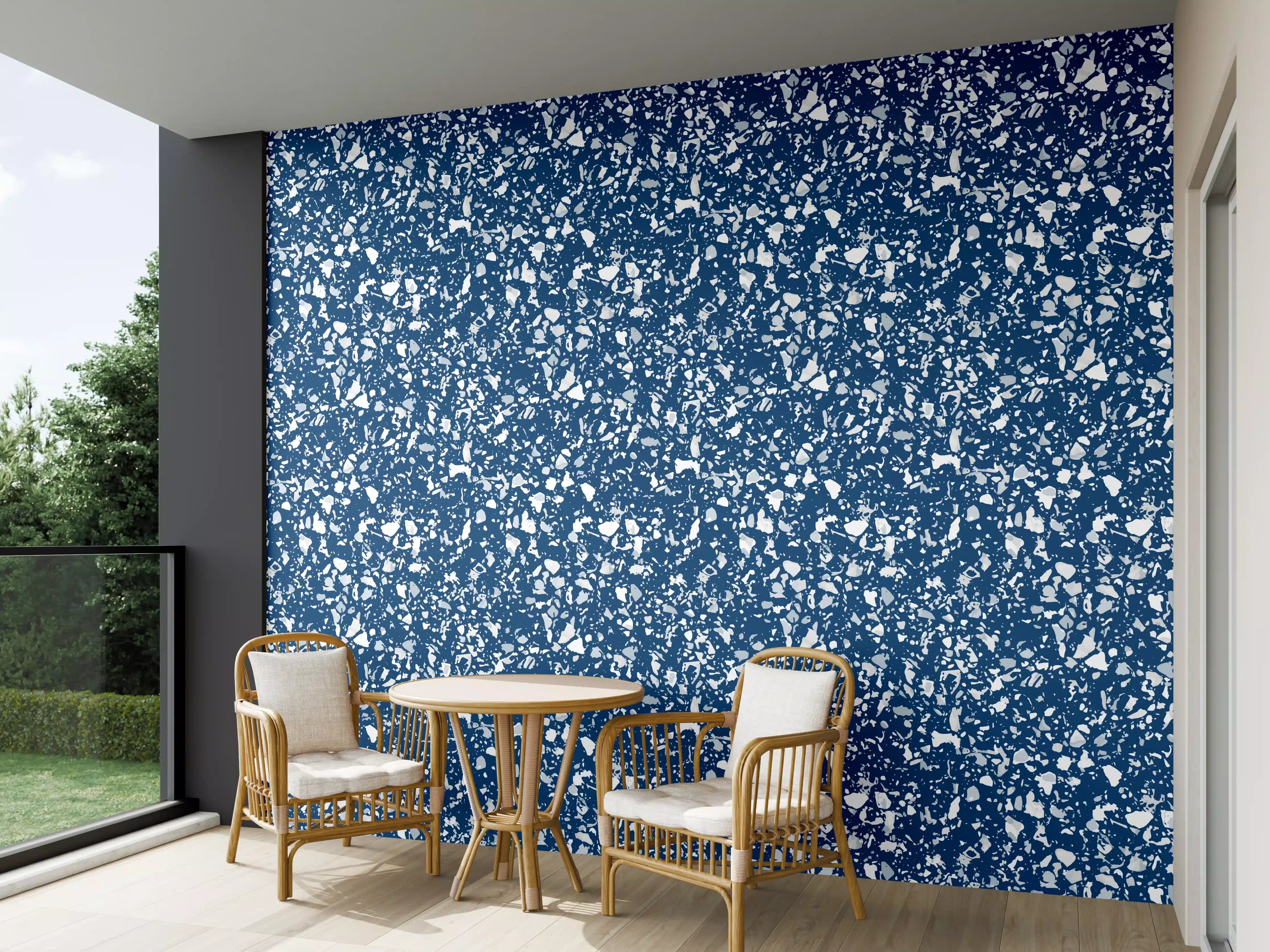 Wandverkleidung außen - Blaues Terrazzo mit dunklen Steinoptiken