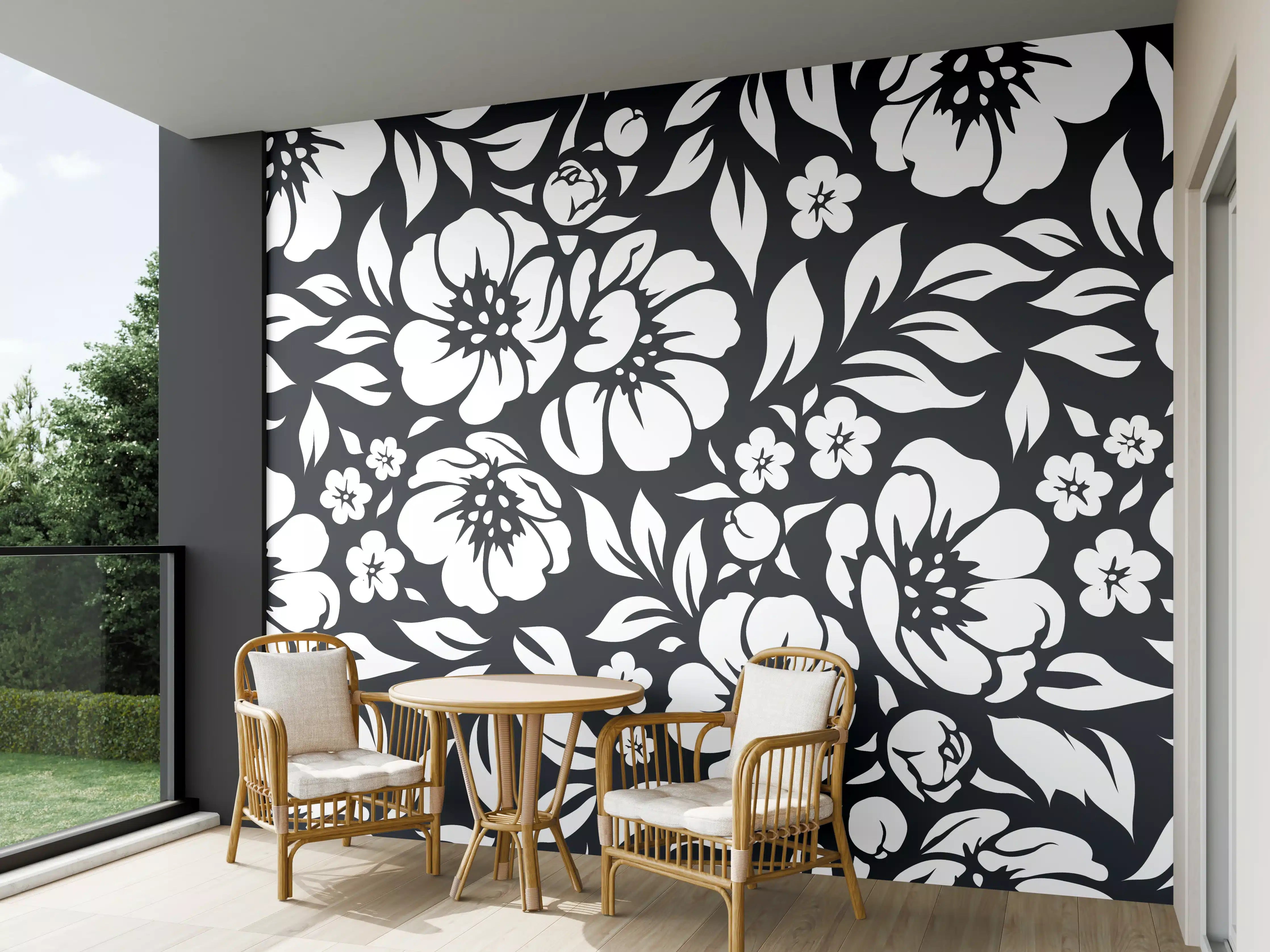 Wandverkleidung außen - Blumenmuster Schwarz-Weiß