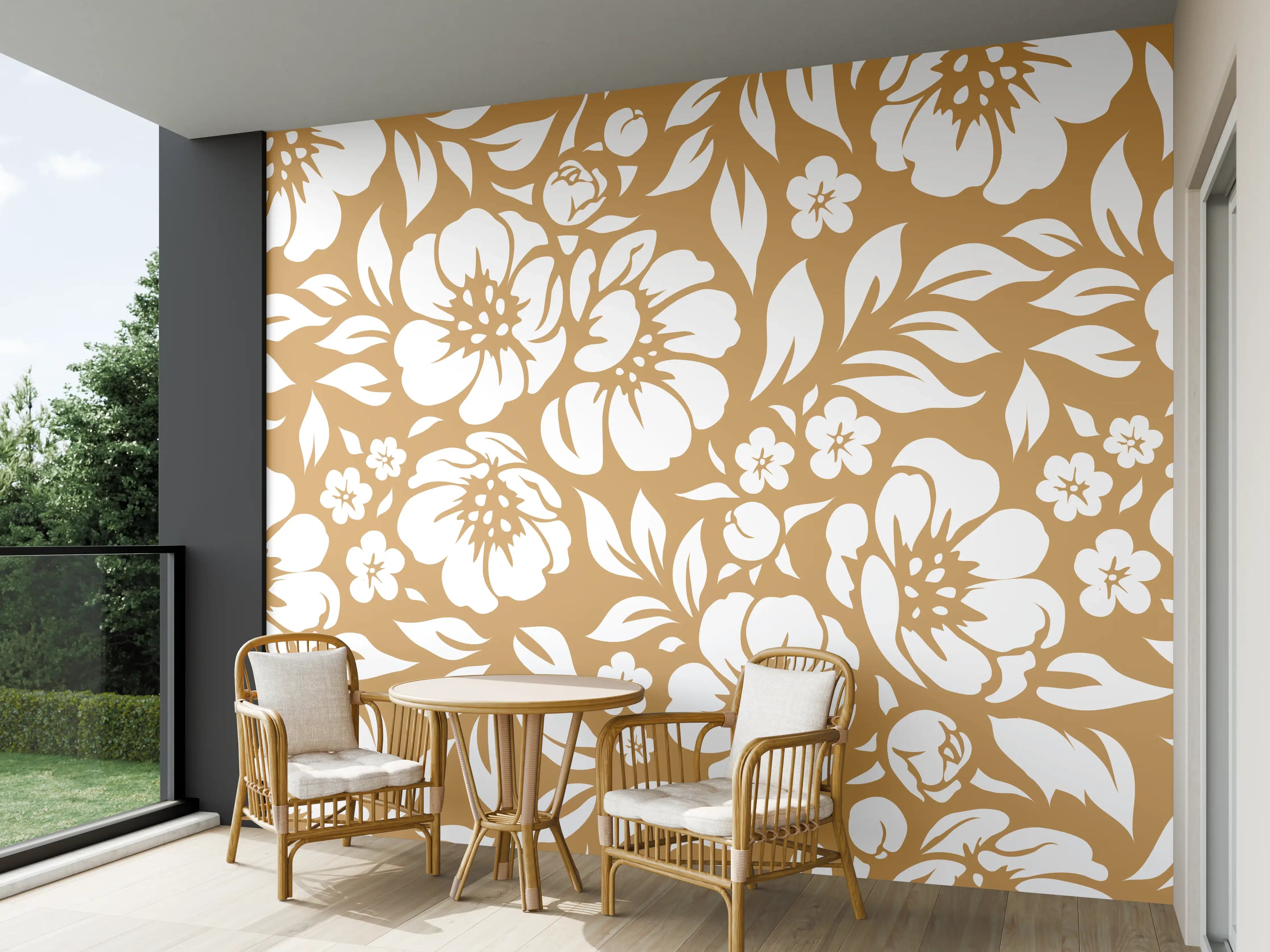 Wandverkleidung außen - Blumenmuster in warmem Ocra-Ton