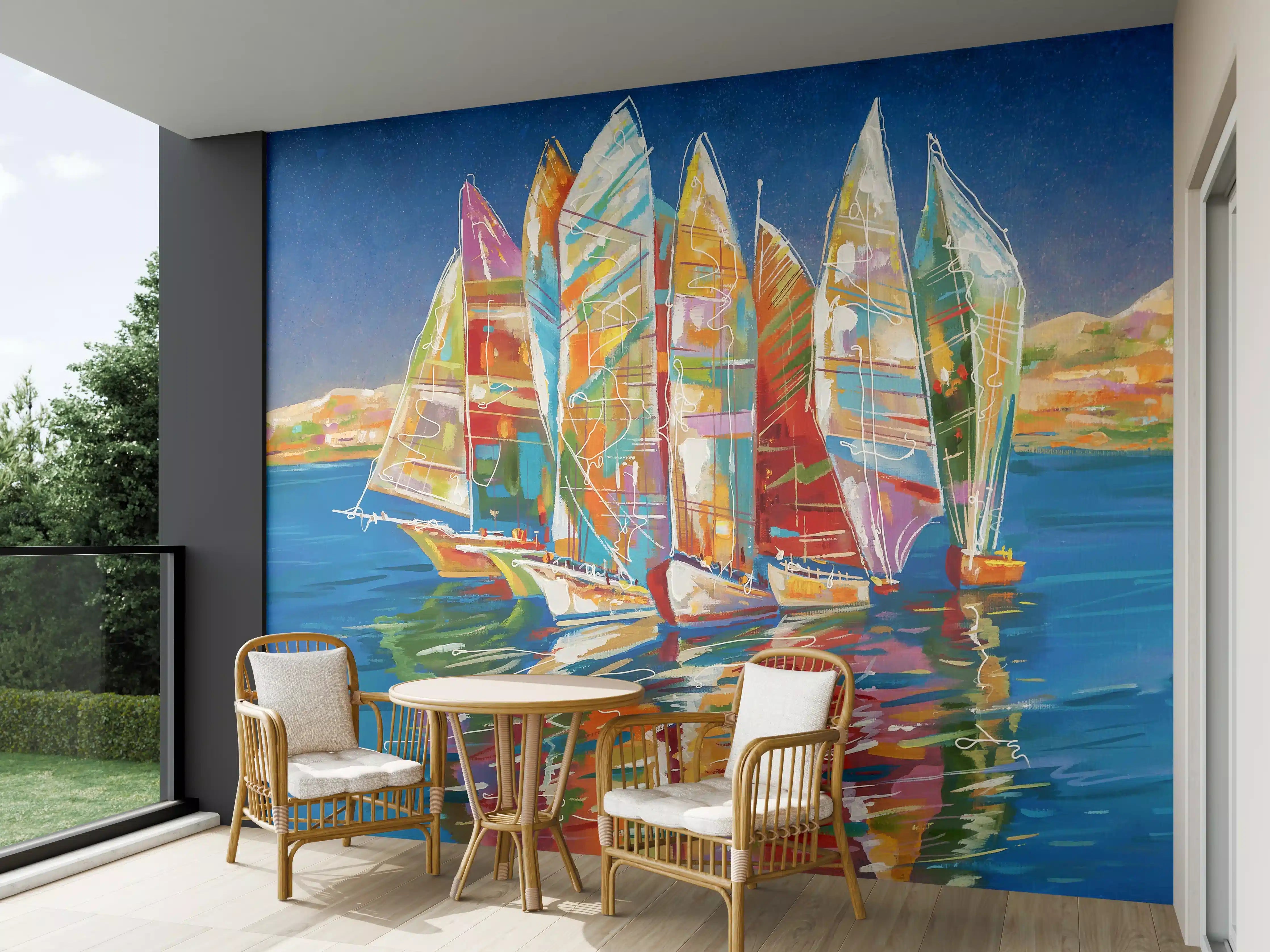 Wandverkleidung außen - Bunte Boote auf dem Meer - Ölgemälde