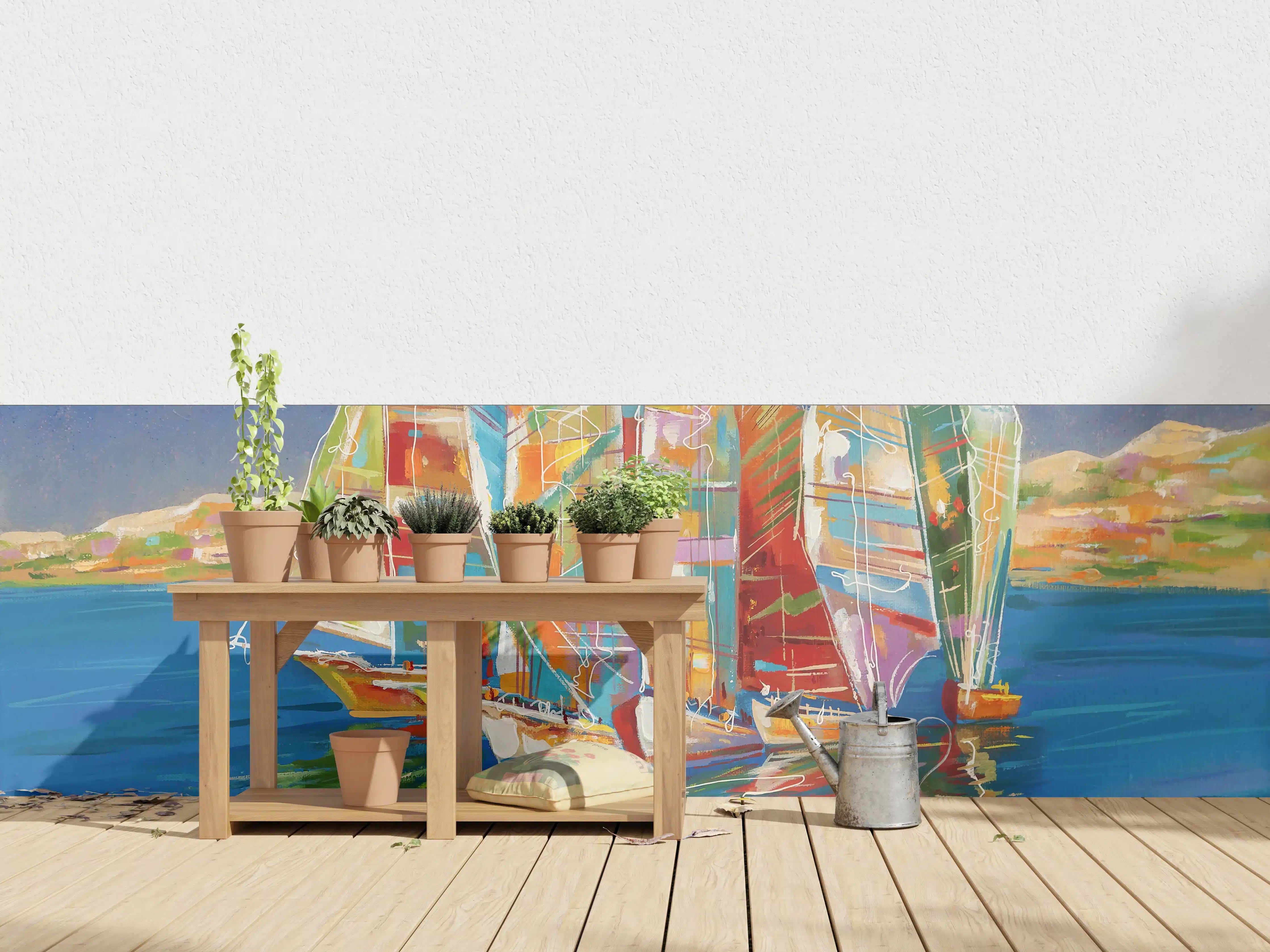 Wandverkleidung außen - Bunte Boote auf dem Meer - Ölgemälde