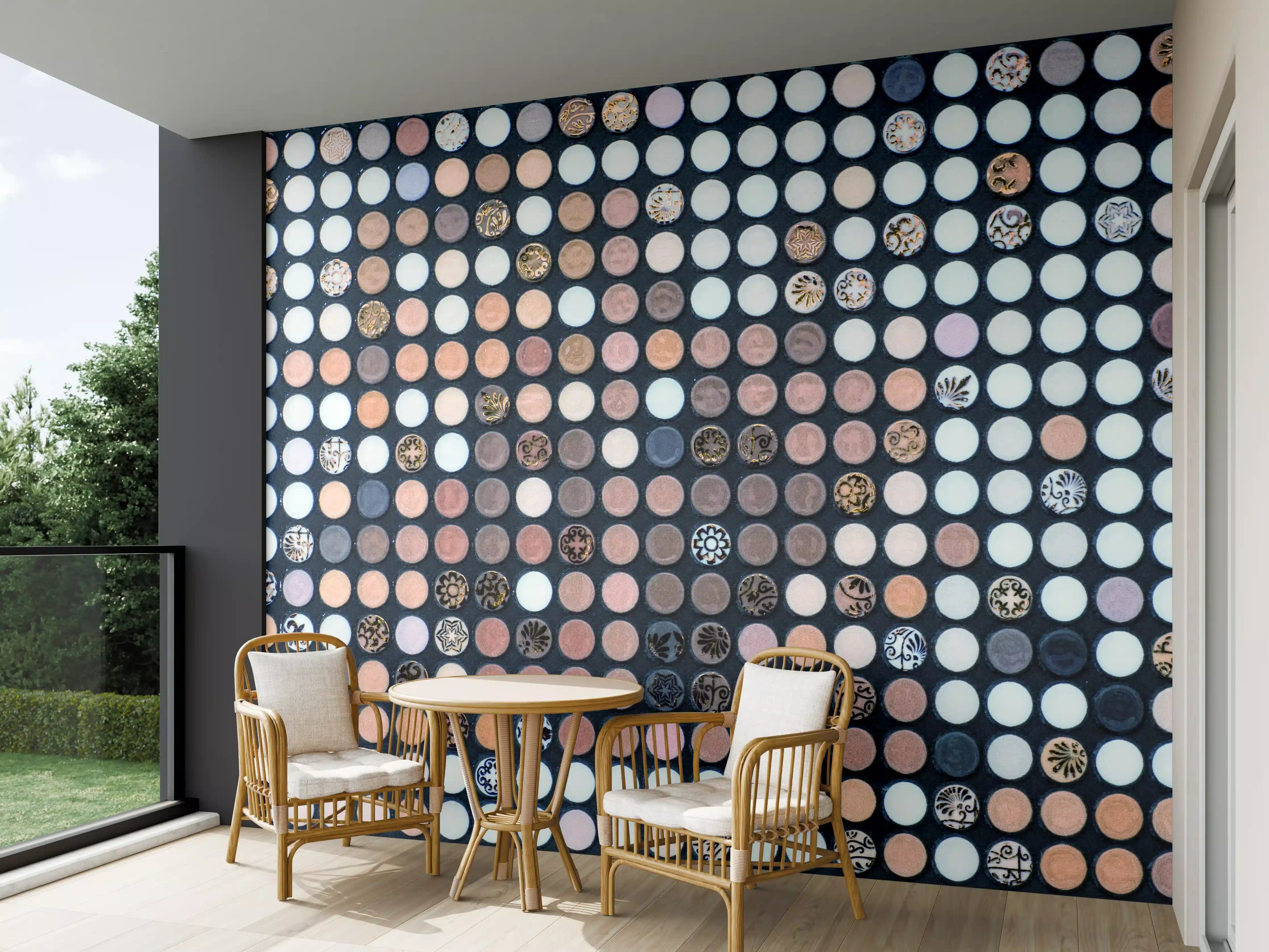 Wandverkleidung außen - Bunte Dot-Musterwand mit metallic Akzenten