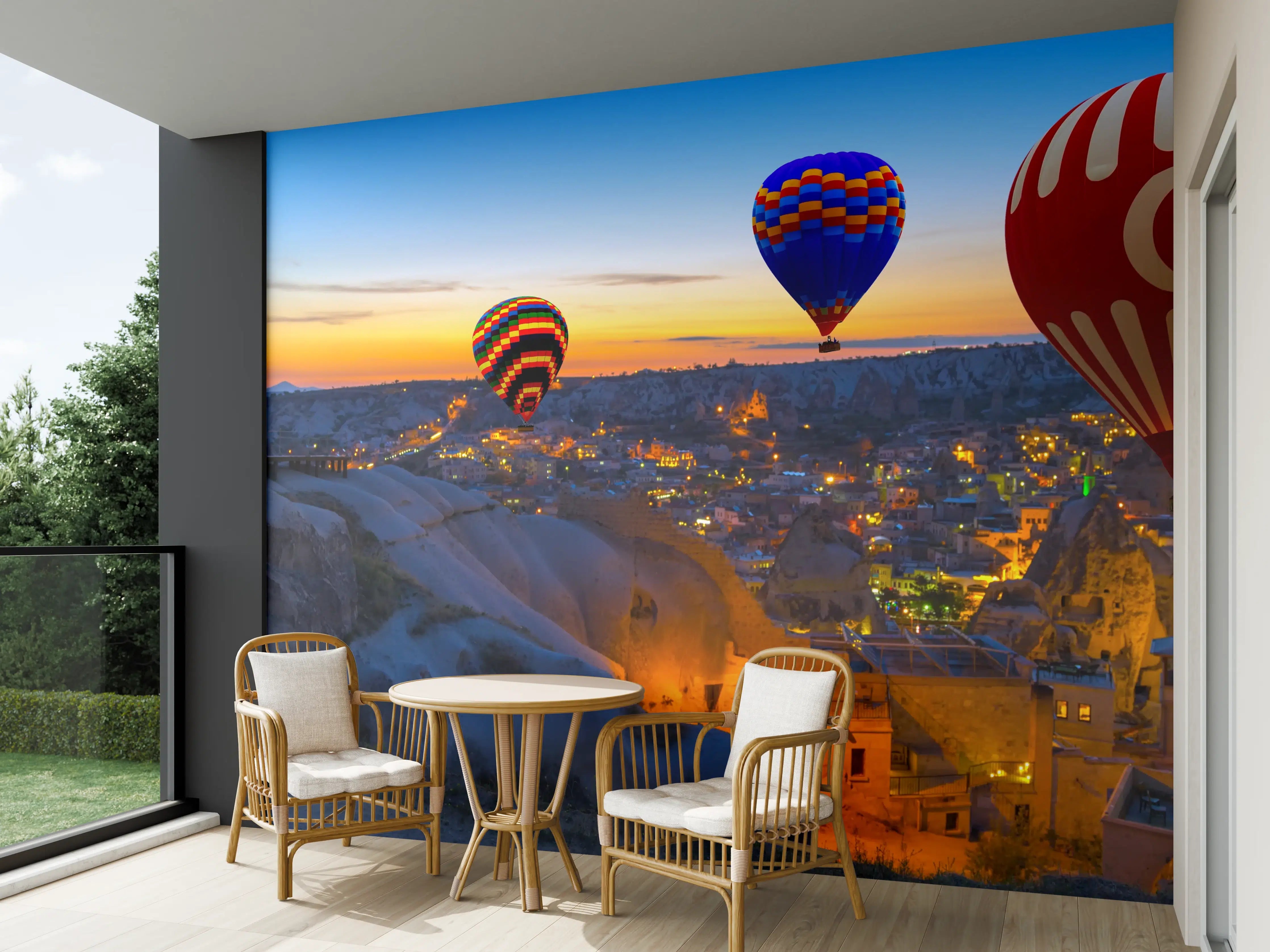 Wandverkleidung außen - Bunte Heißluftballons über der Türkei bei Sonnenaufgang