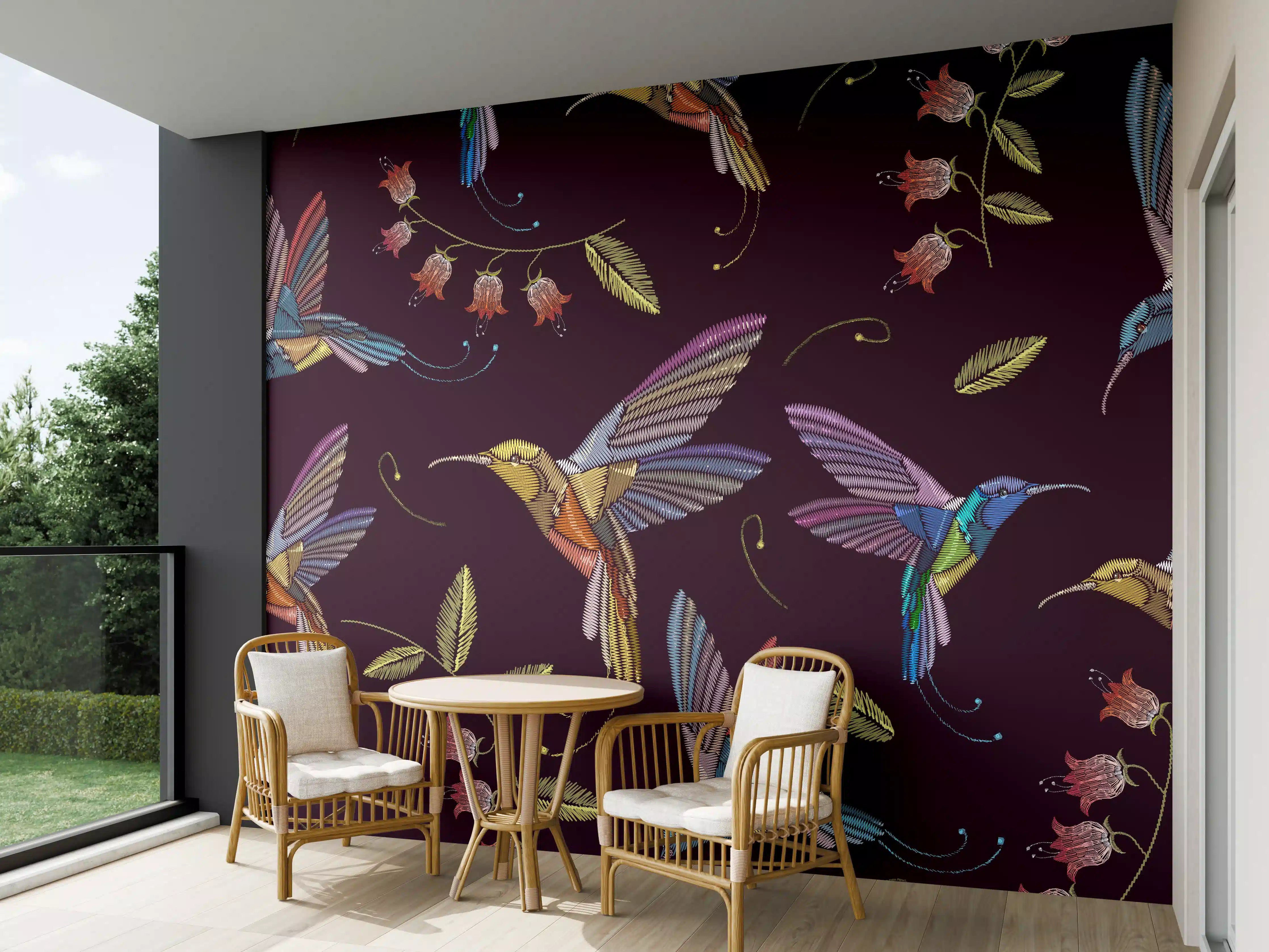 Wandverkleidung außen - Bunte Kolibri-Stickerei-Muster