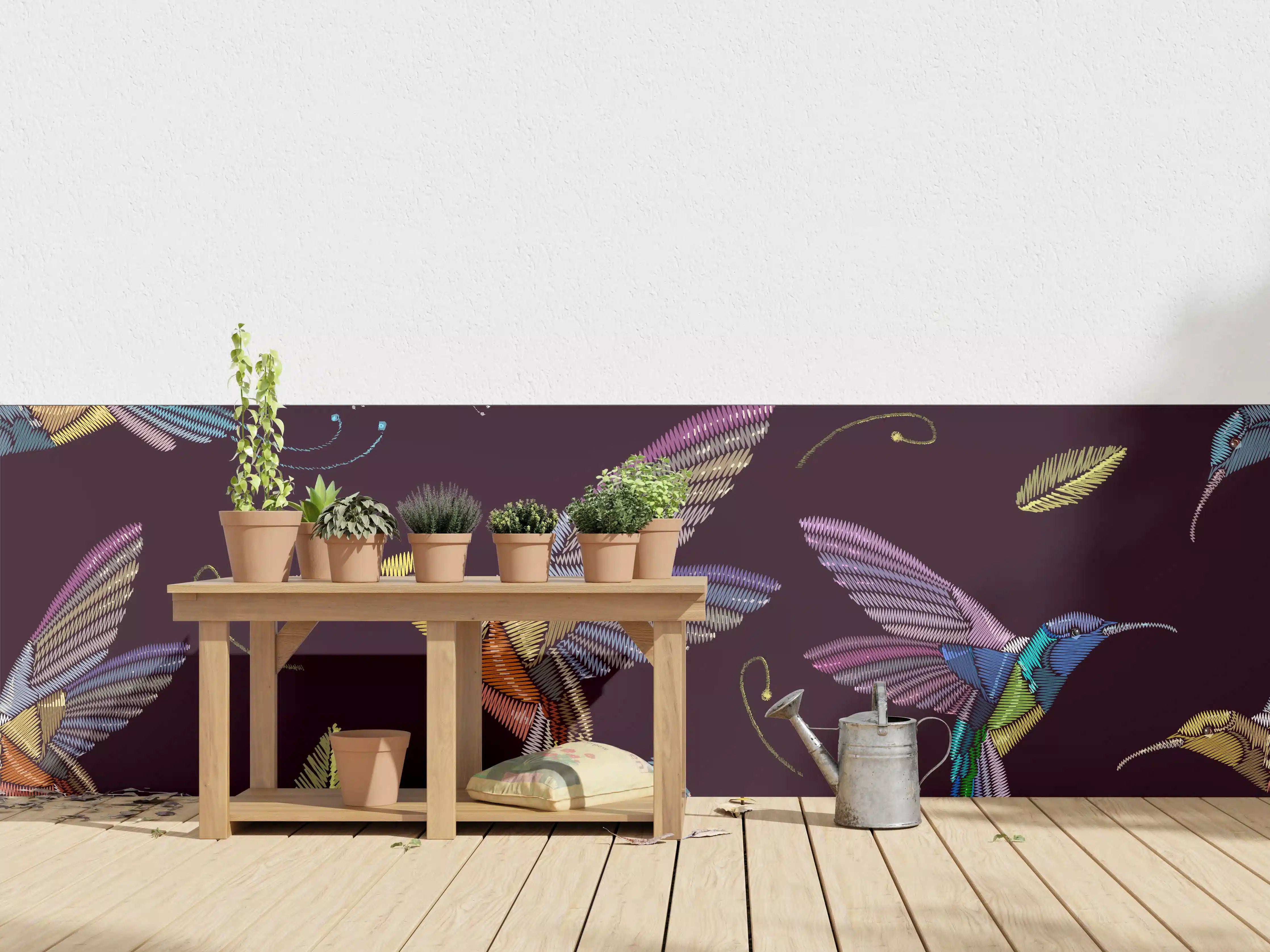 Wandverkleidung außen - Bunte Kolibri-Stickerei-Muster