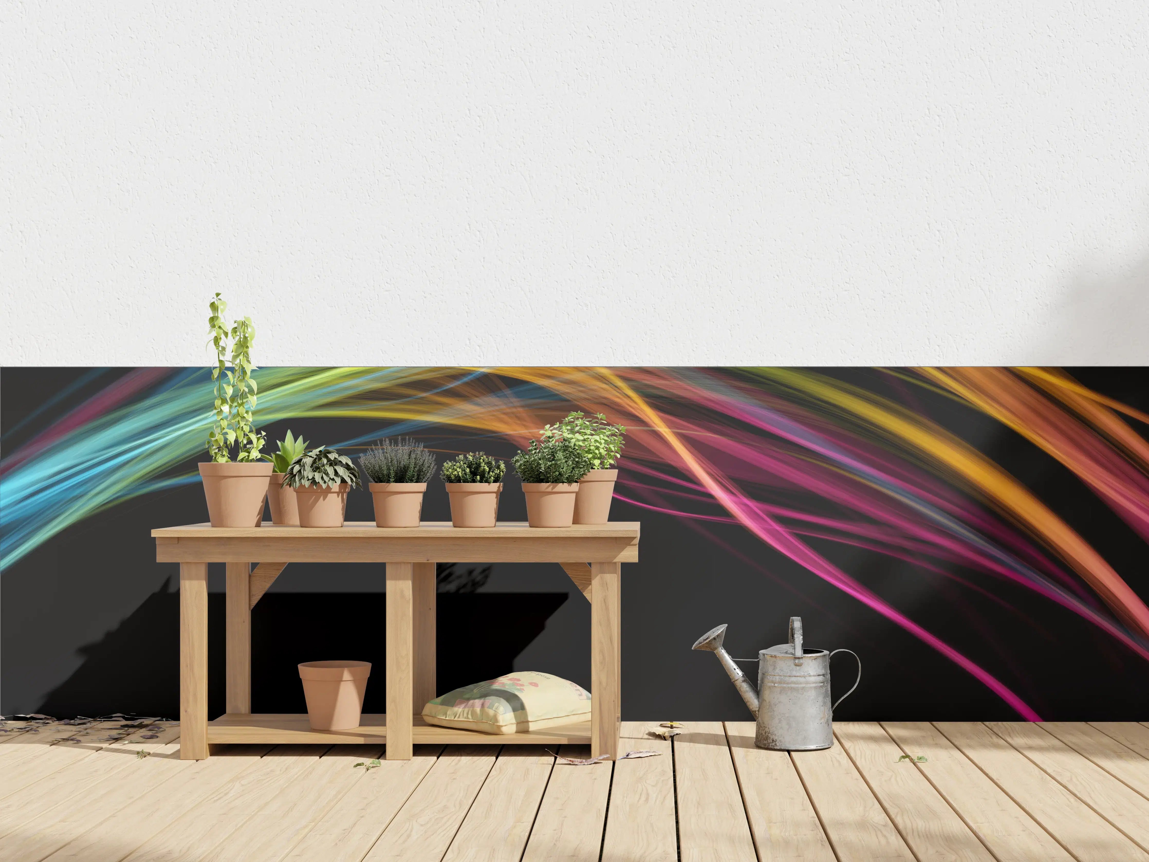 Wandverkleidung außen - Bunte Lichtwellen auf schwarzem Hintergrund