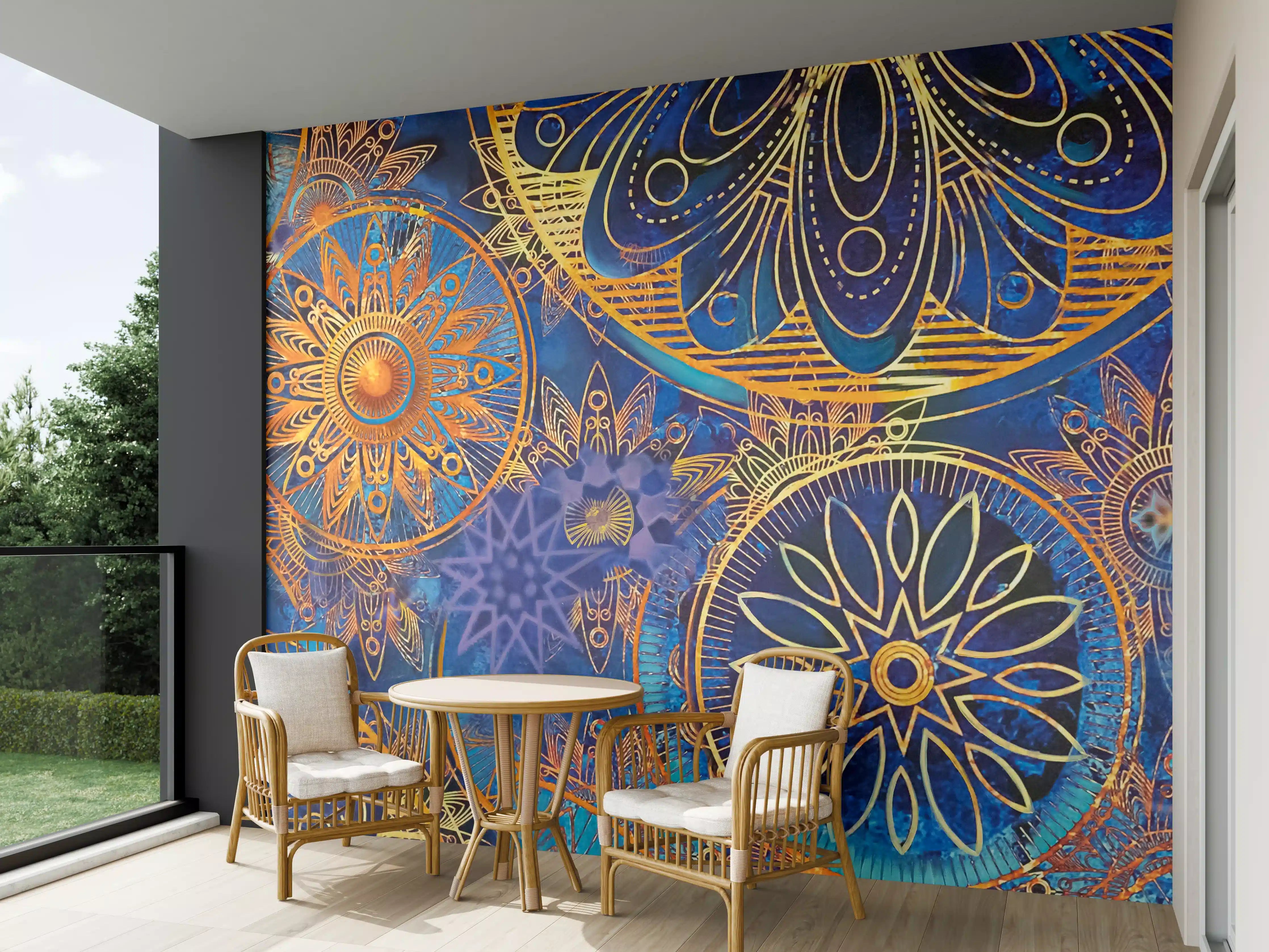 Wandverkleidung außen - Bunte Mandala-Designs auf Blau und Gold