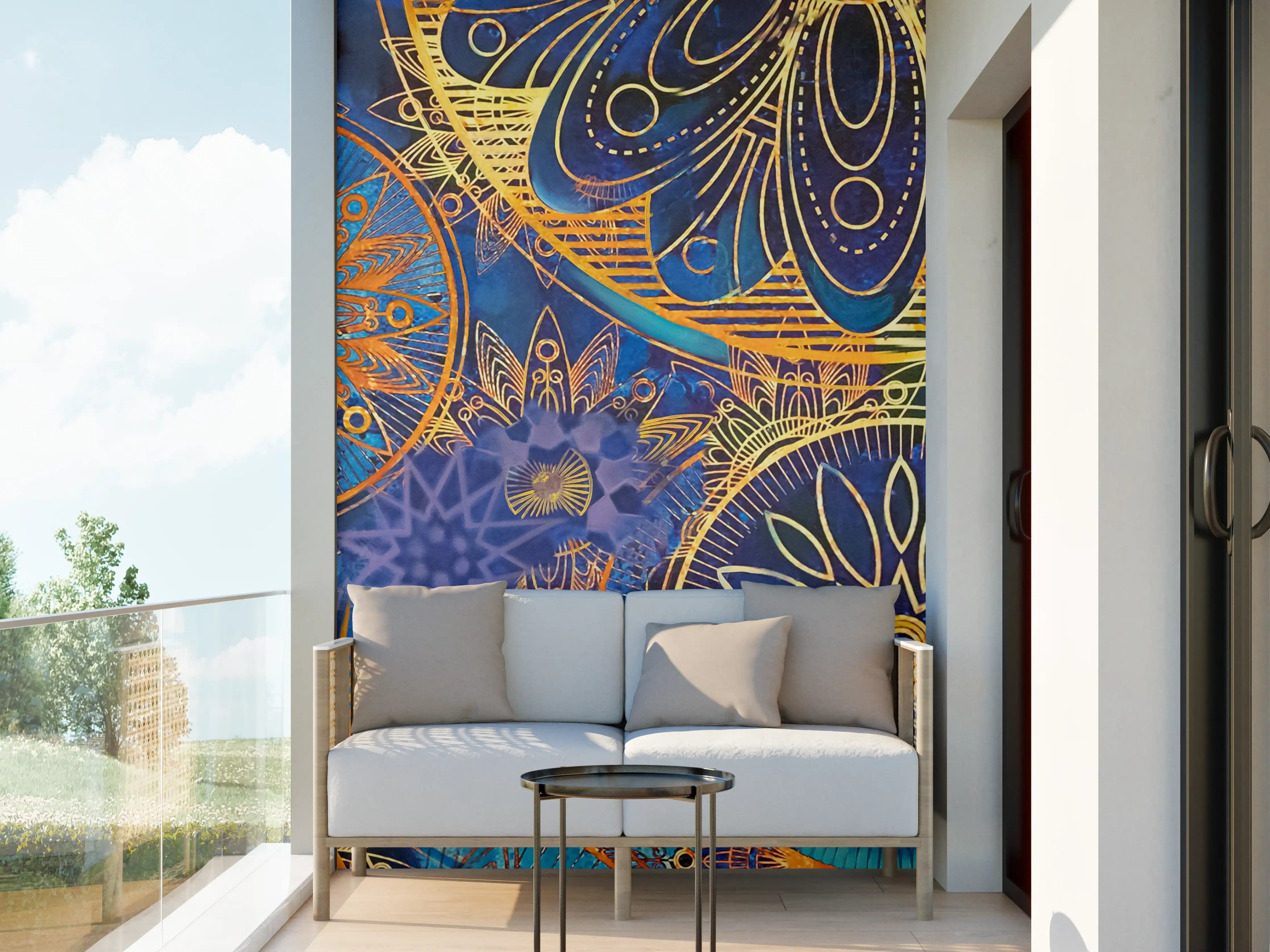 Wandverkleidung außen - Bunte Mandala-Designs auf Blau und Gold