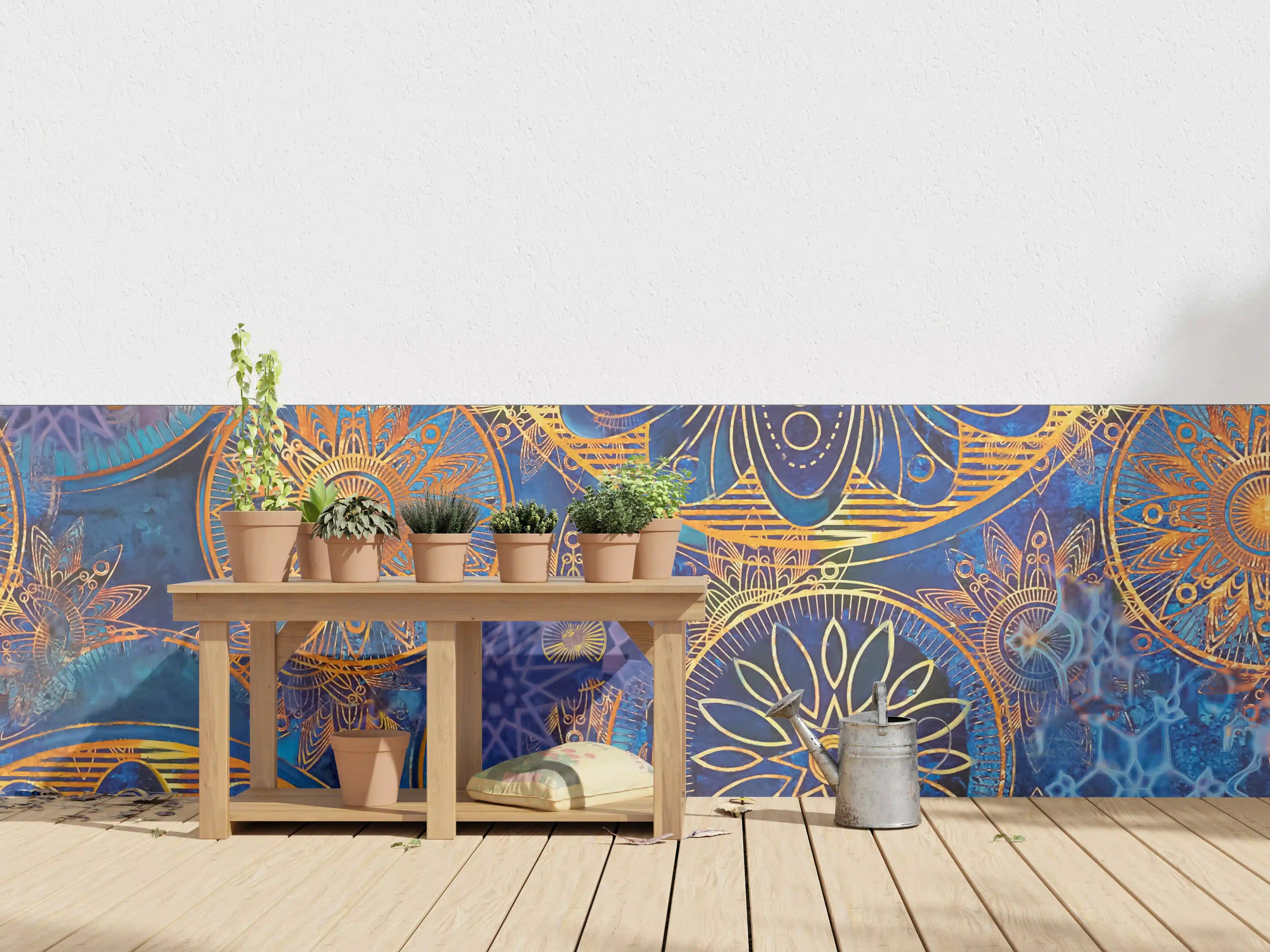 Wandverkleidung außen - Bunte Mandala-Designs auf Blau und Gold