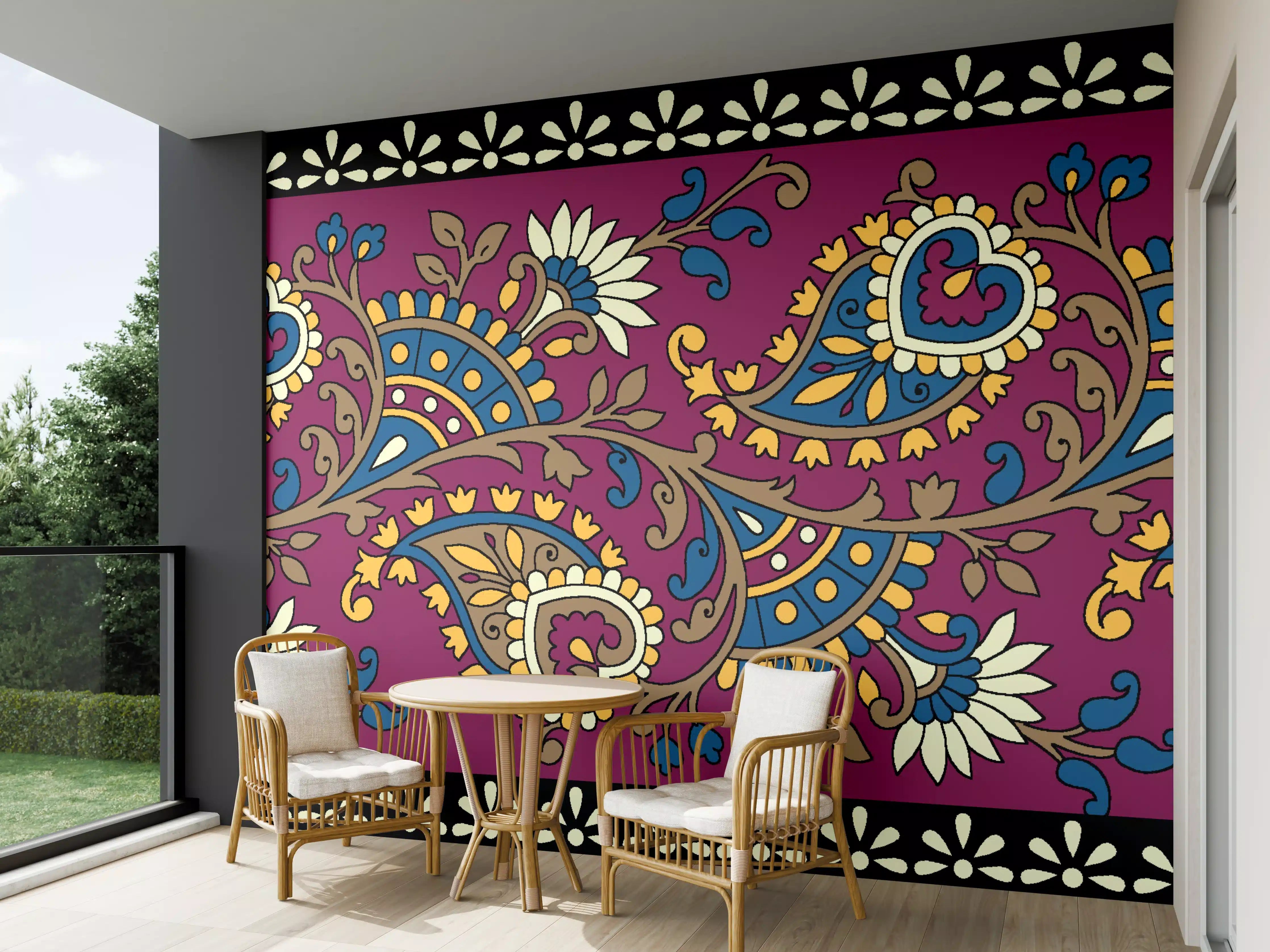 Wandverkleidung außen - Bunte Paisley Muster in Gold und Türkis