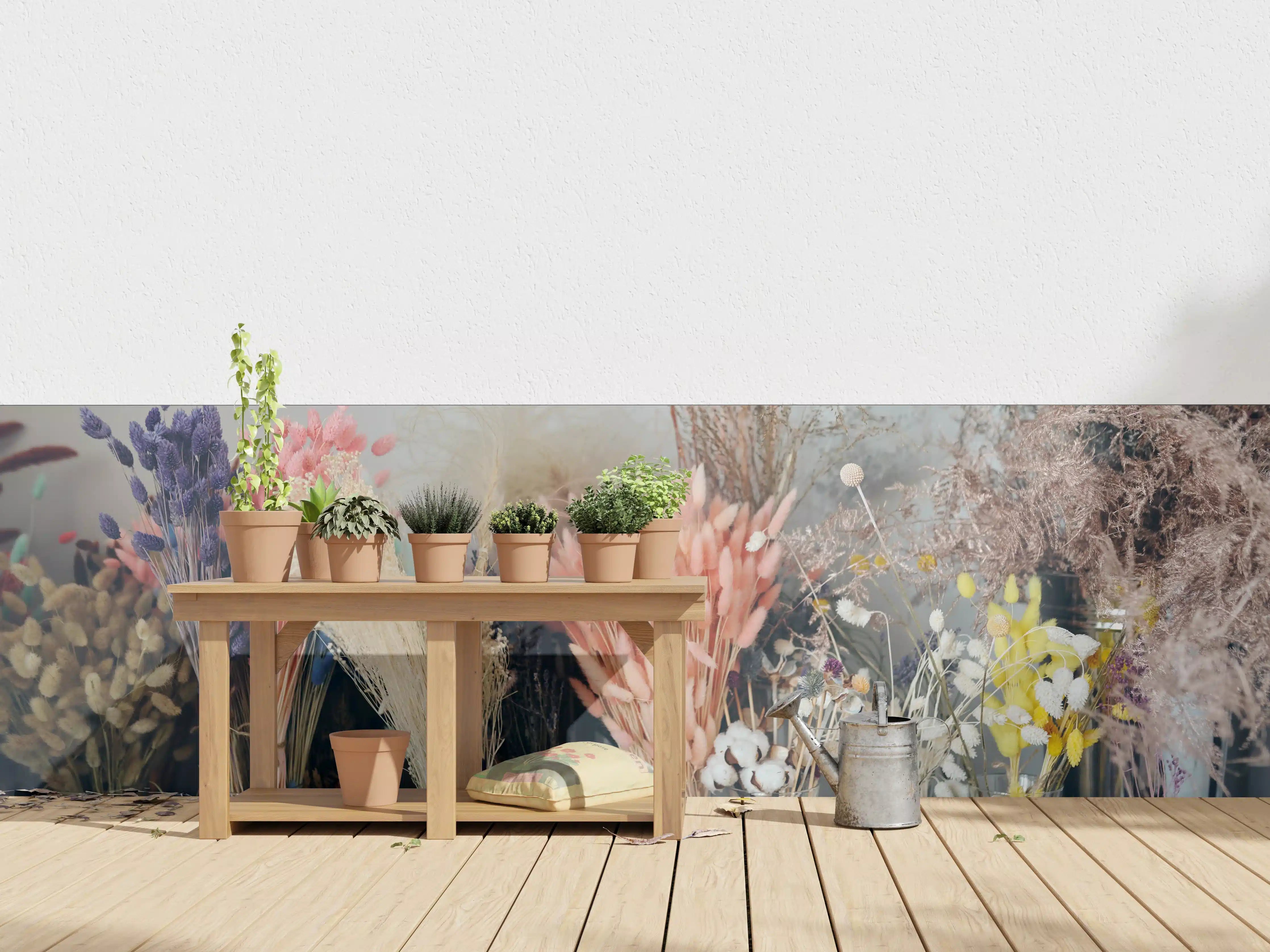 Wandverkleidung außen - Bunte Trockenblumen im Regal