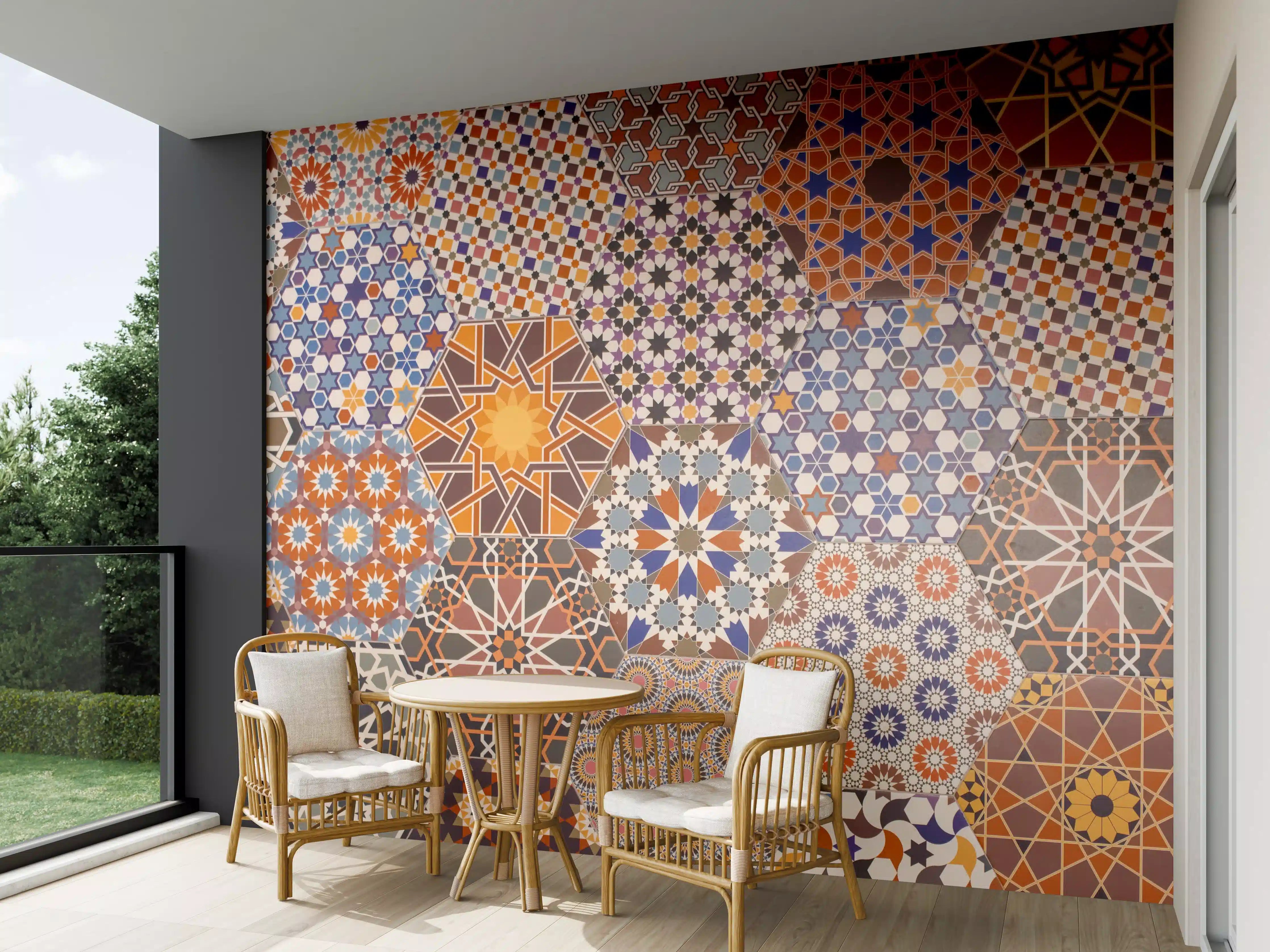 Wandverkleidung außen - Bunte geometrische Fliesenmuster in warmen Erdtönen