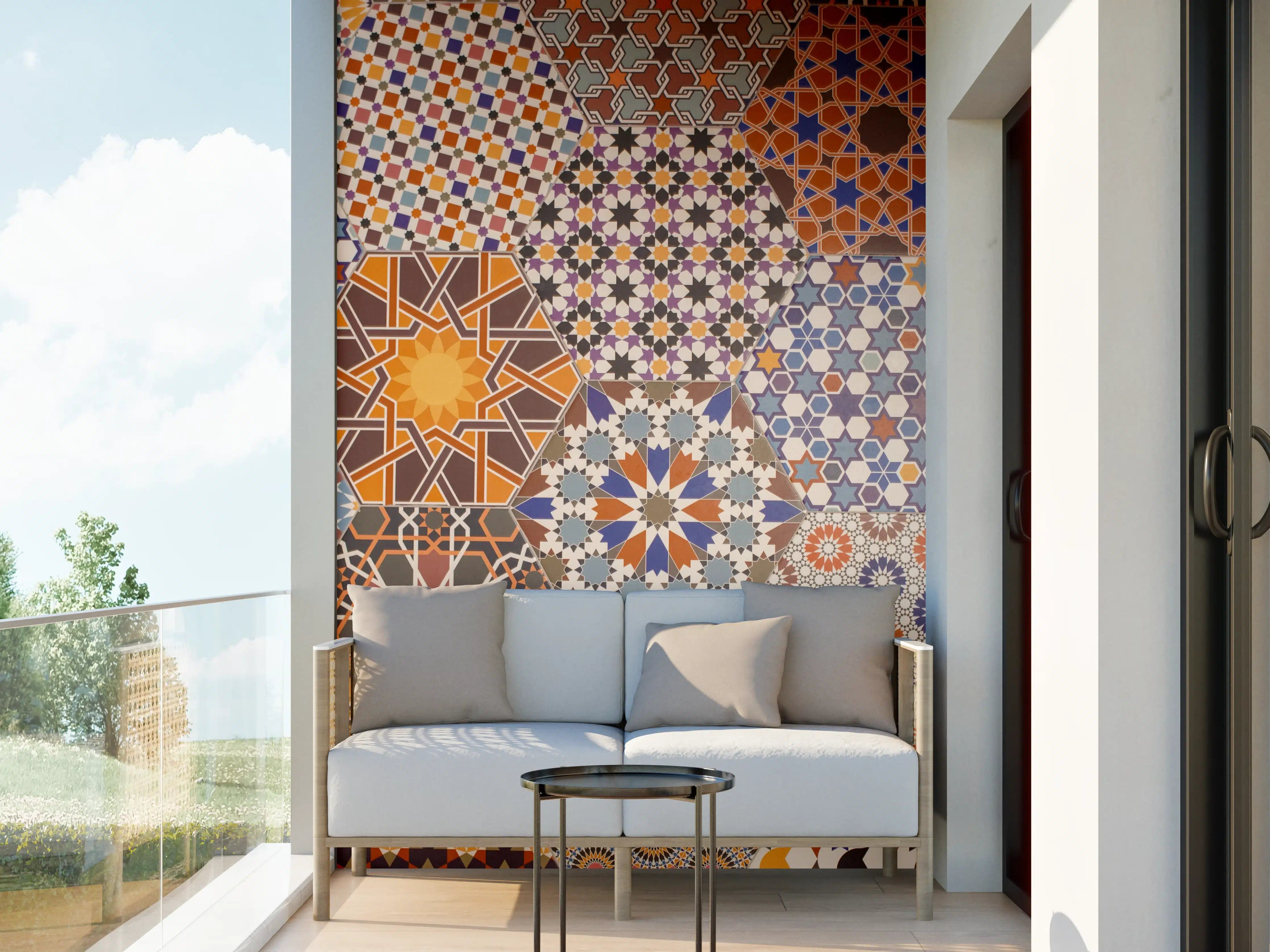 Wandverkleidung außen - Bunte geometrische Fliesenmuster in warmen Erdtönen