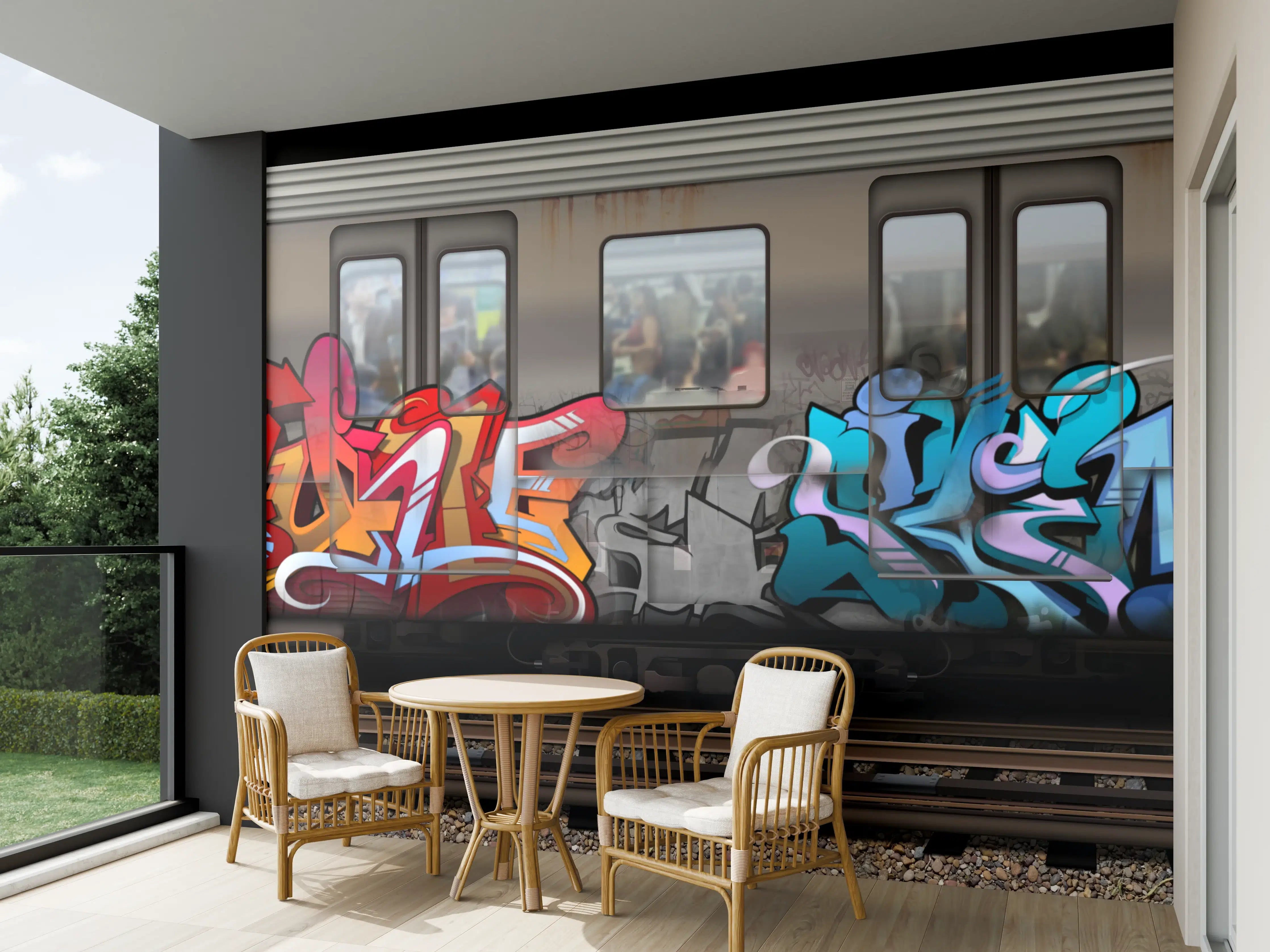 Wandverkleidung außen - Bunter Graffiti-Zug Kunstwerk